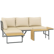 Outsunny Conjunto de Muebles Jardín Exterior Sofás de Exterior en Forma de L Tumbona con 2 Sofás de 3 Plazas Asiento Ajustable y Mesa de Madera de Acacia Versátil con Cojines Beige y Gris