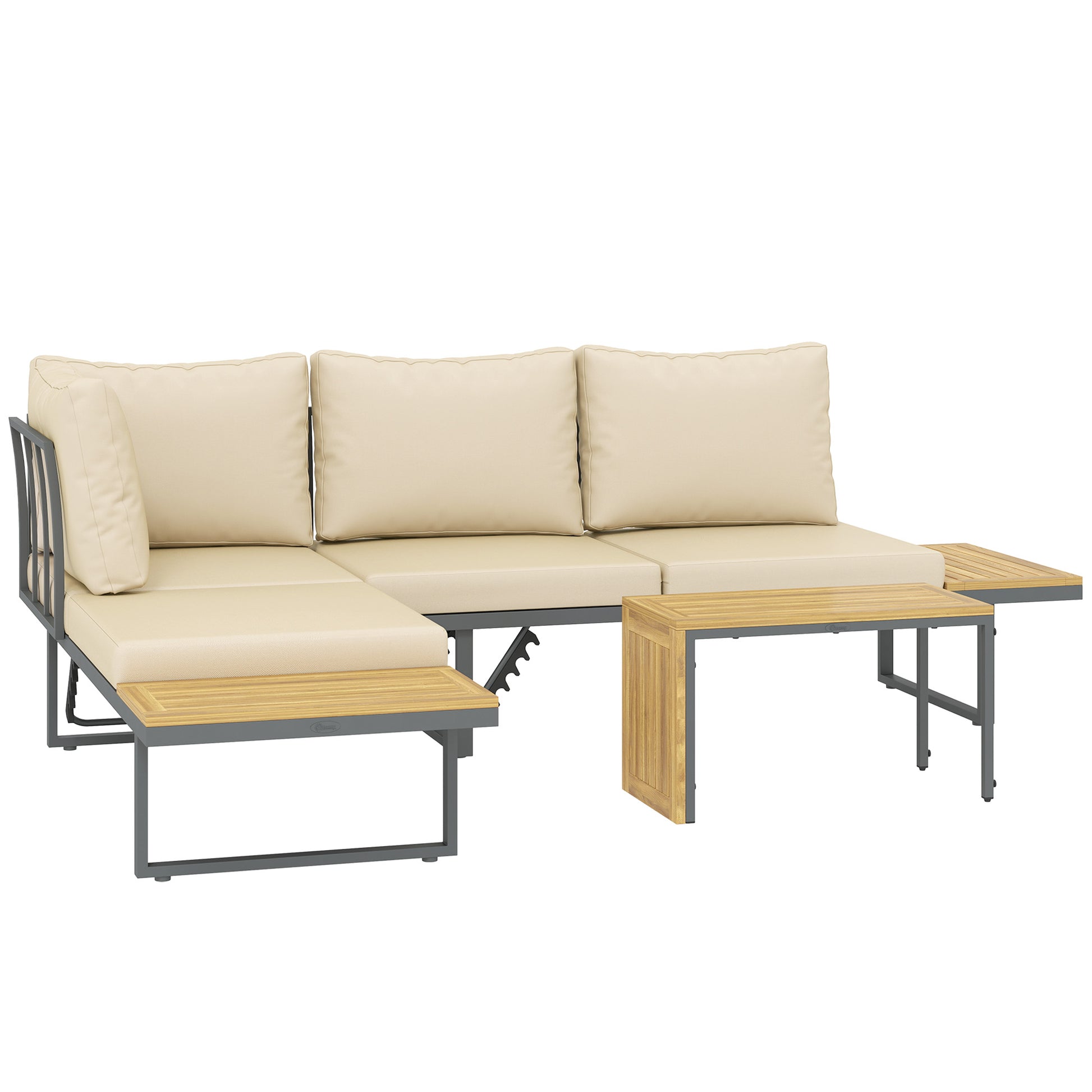 Outsunny Conjunto de Muebles Jardín Exterior Sofás de Exterior en Forma de L Tumbona con 2 Sofás de 3 Plazas Asiento Ajustable y Mesa de Madera de Acacia Versátil con Cojines Beige y Gris