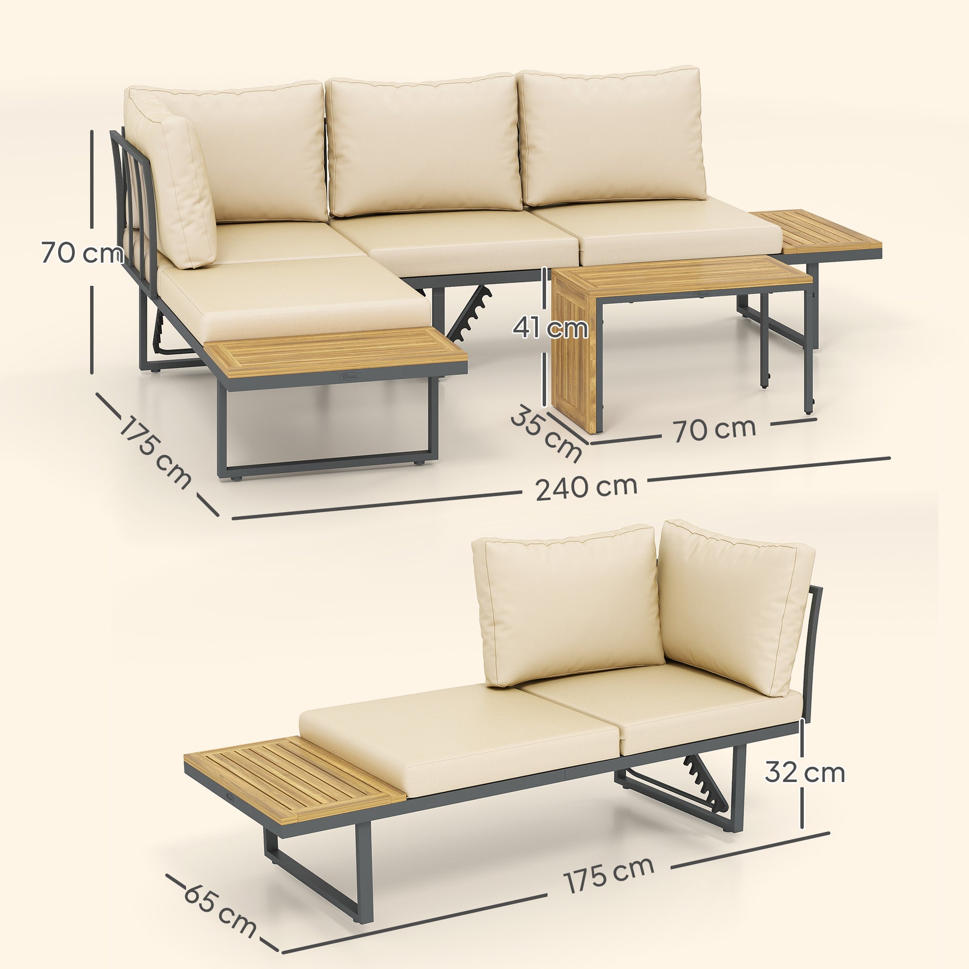 Outsunny Conjunto de Muebles Jardín Exterior Sofás de Exterior en Forma de L Tumbona con 2 Sofás de 3 Plazas Asiento Ajustable y Mesa de Madera de Acacia Versátil con Cojines Beige y Gris