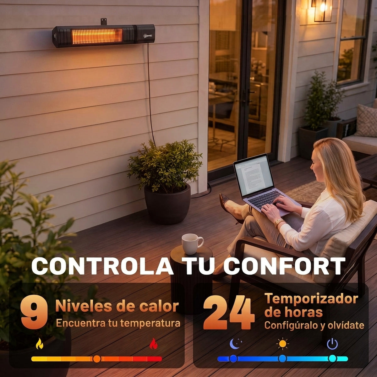 Outsunny Calefactor por Infrarrojos para Terraza 2000 W, Estufa Exterior Eléctrica Pared de Aluminio con IP65, Control por App/Táctil/Mando a Distancia, 9 Niveles de Calor, Temporizador 24 h y Funda