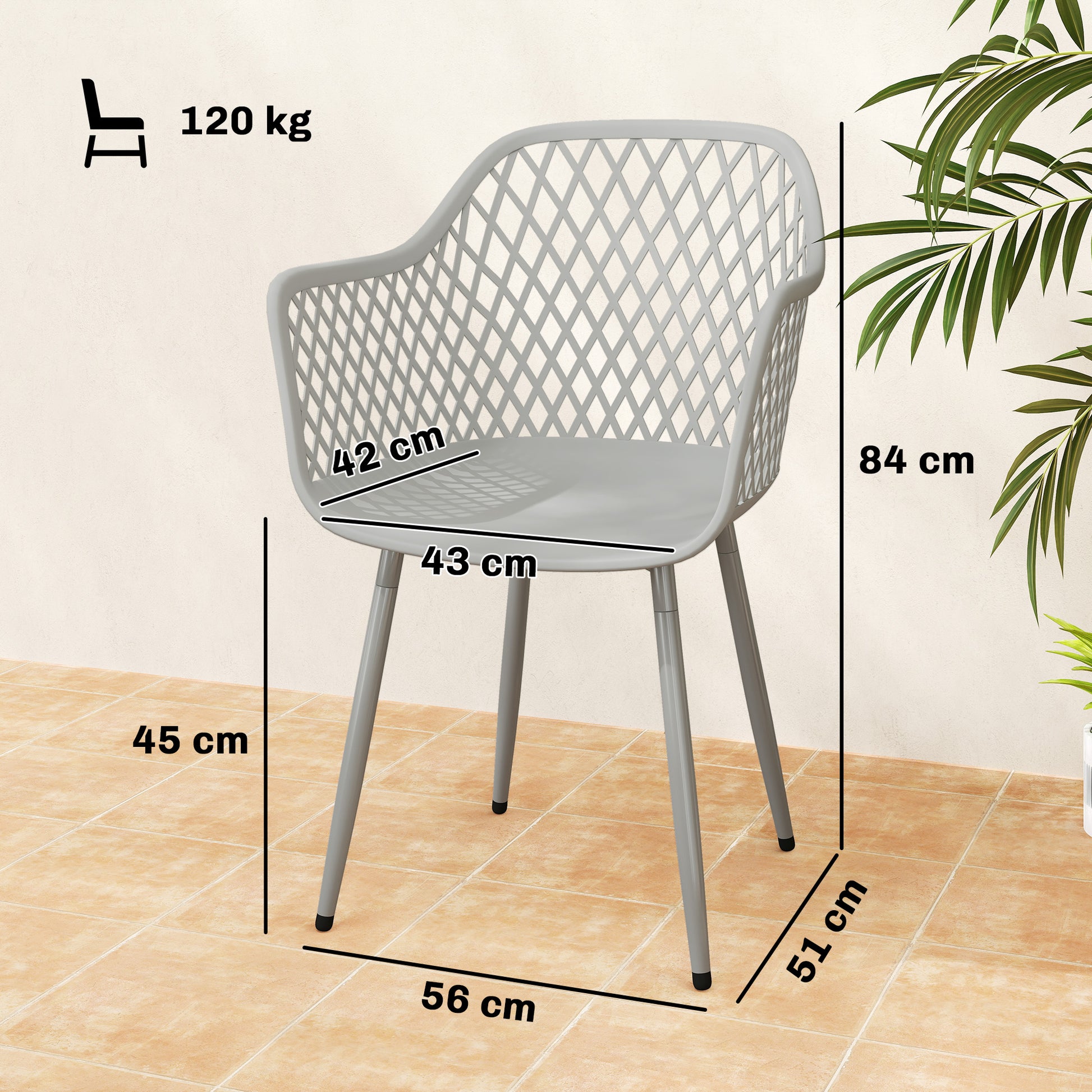 Outsunny Juego de 4 Sillas de Jardín Exterior, Sillas Terraza Exterior con Respaldo Diamante, Asiento de PP Anti-UV, Reposabrazos y Patas Metálicas, para Terraza, Balcón, 56x51x84 cm, Gris