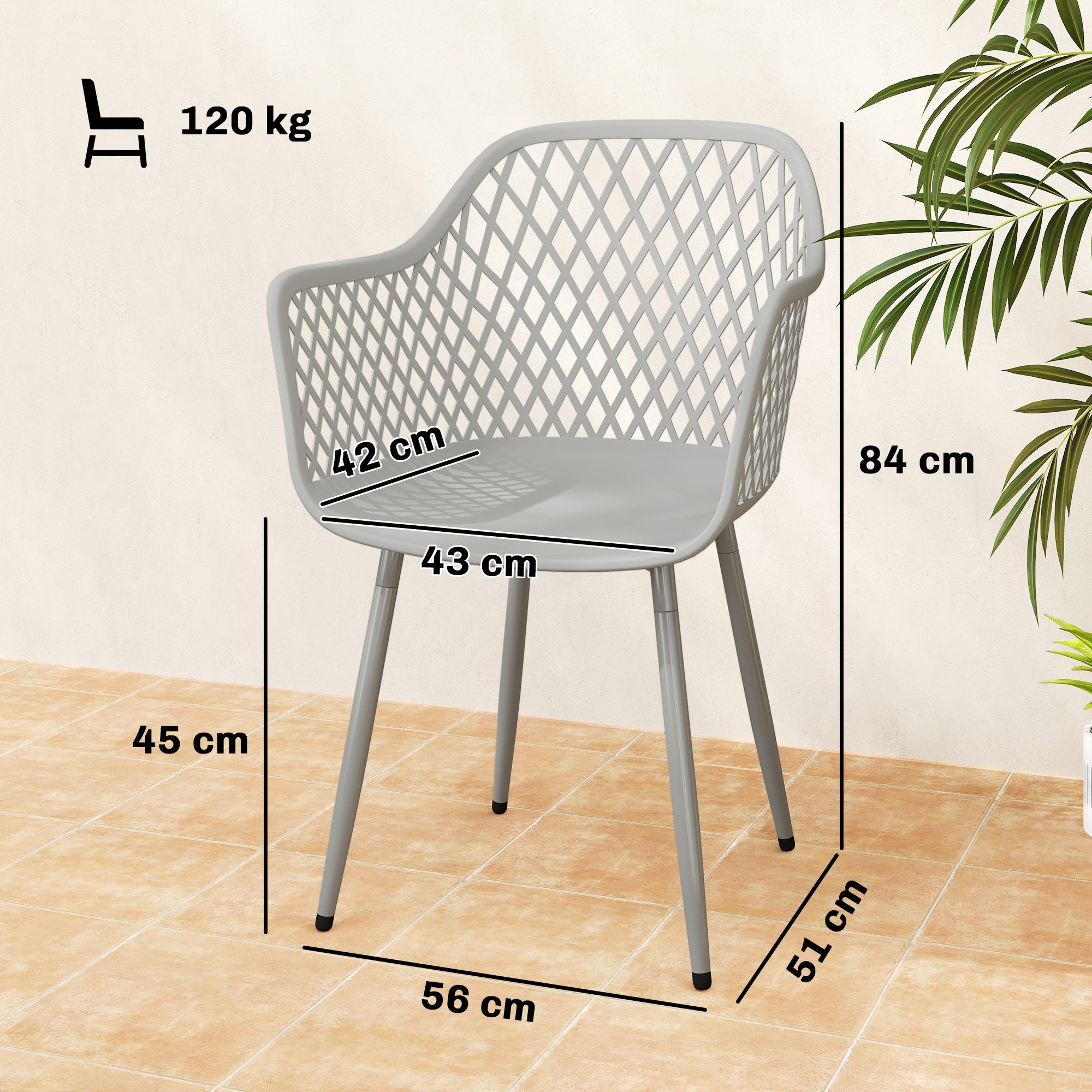 Outsunny Juego de 4 Sillas de Jardín Exterior, Sillas Terraza Exterior con Respaldo Diamante, Asiento de PP Anti-UV, Reposabrazos y Patas Metálicas, para Terraza, Balcón, 56x51x84 cm, Gris