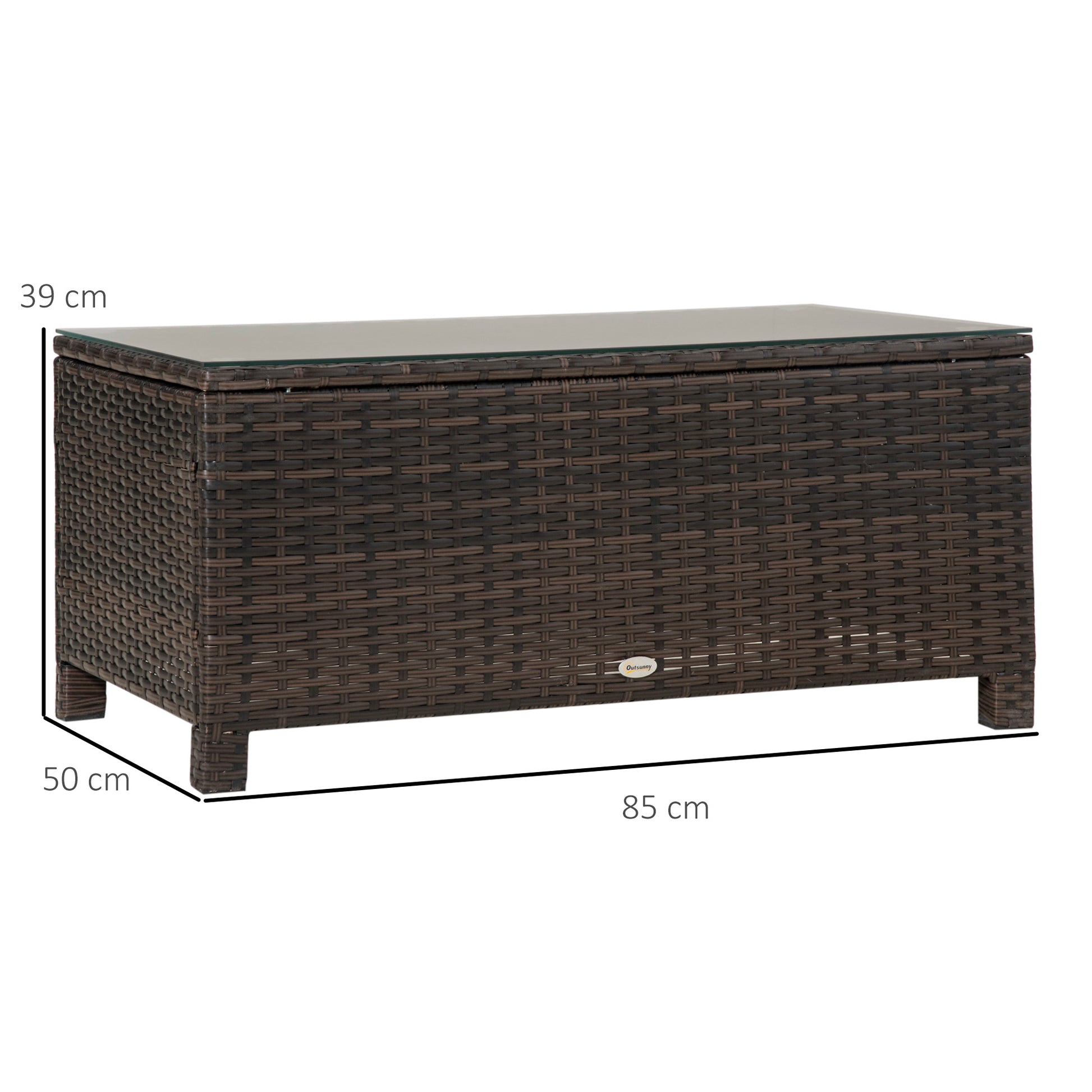 Outsunny Mesa de Jardín de Ratán Sintético Mesita Auxiliar con Vidrio Templado para Terraza Patio Balcón 85x50x39 cm Marrón