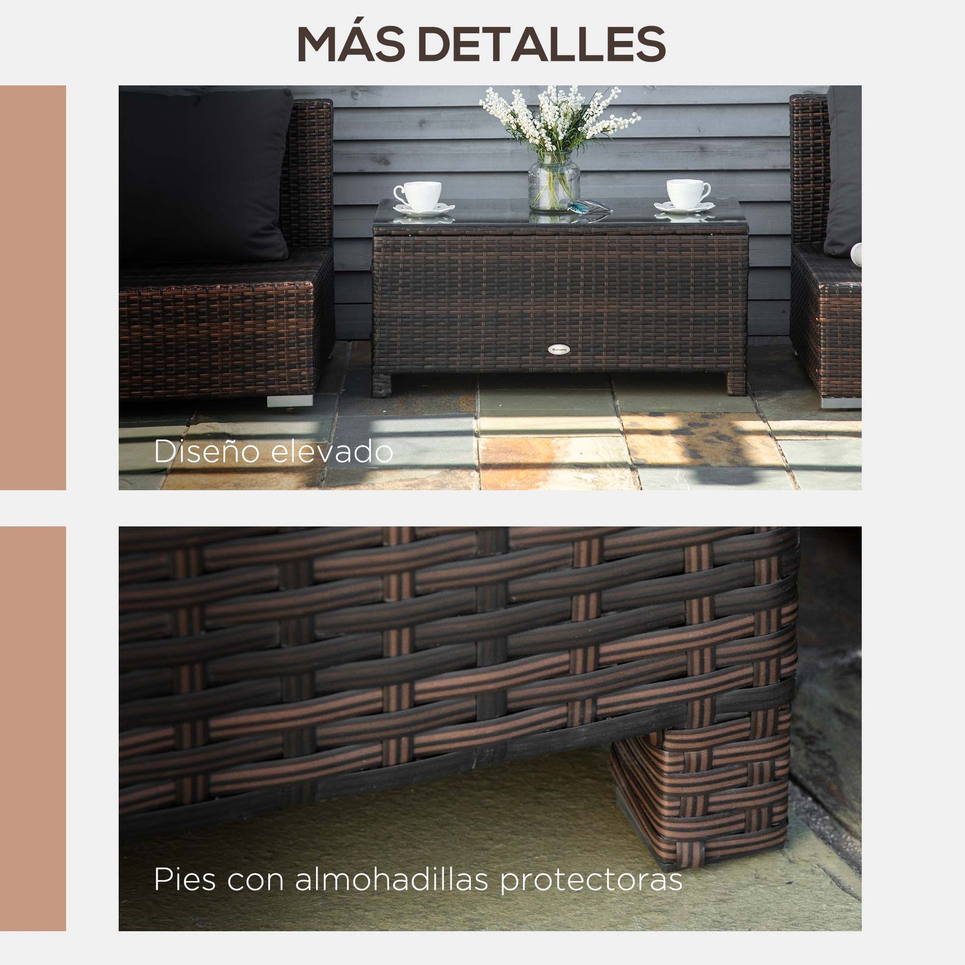 Outsunny Mesa de Jardín de Ratán Sintético Mesita Auxiliar con Vidrio Templado para Terraza Patio Balcón 85x50x39 cm Marrón