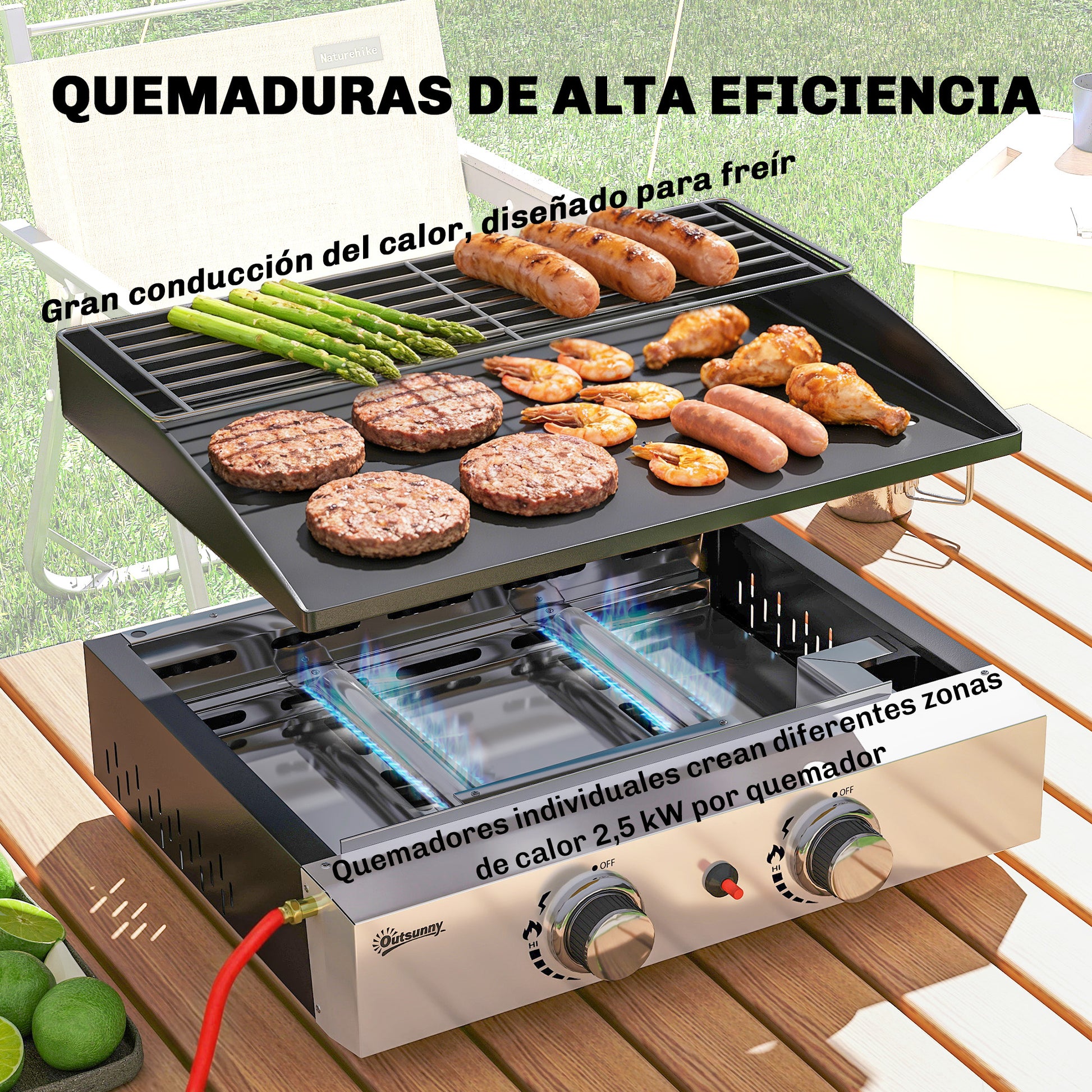 Outsunny Barbacoa de Gas BBQ Gas con 2 Quemadores 5 kW, Barbacoa Portátil con Plancha, Rejilla Calentadora y Recogedor Grasa, para Camping, Picnic, Terraza, Negro