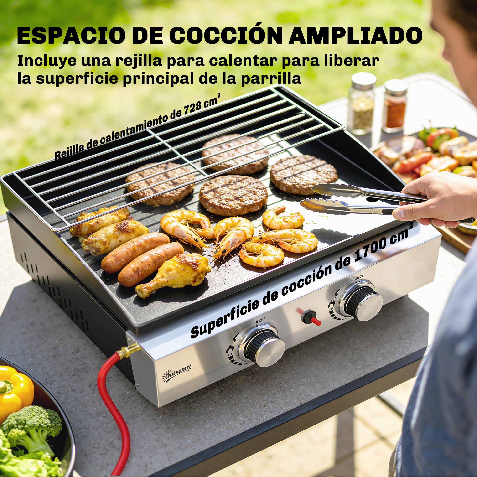 Outsunny Barbacoa de Gas BBQ Gas con 2 Quemadores 5 kW, Barbacoa Portátil con Plancha, Rejilla Calentadora y Recogedor Grasa, para Camping, Picnic, Terraza, Negro