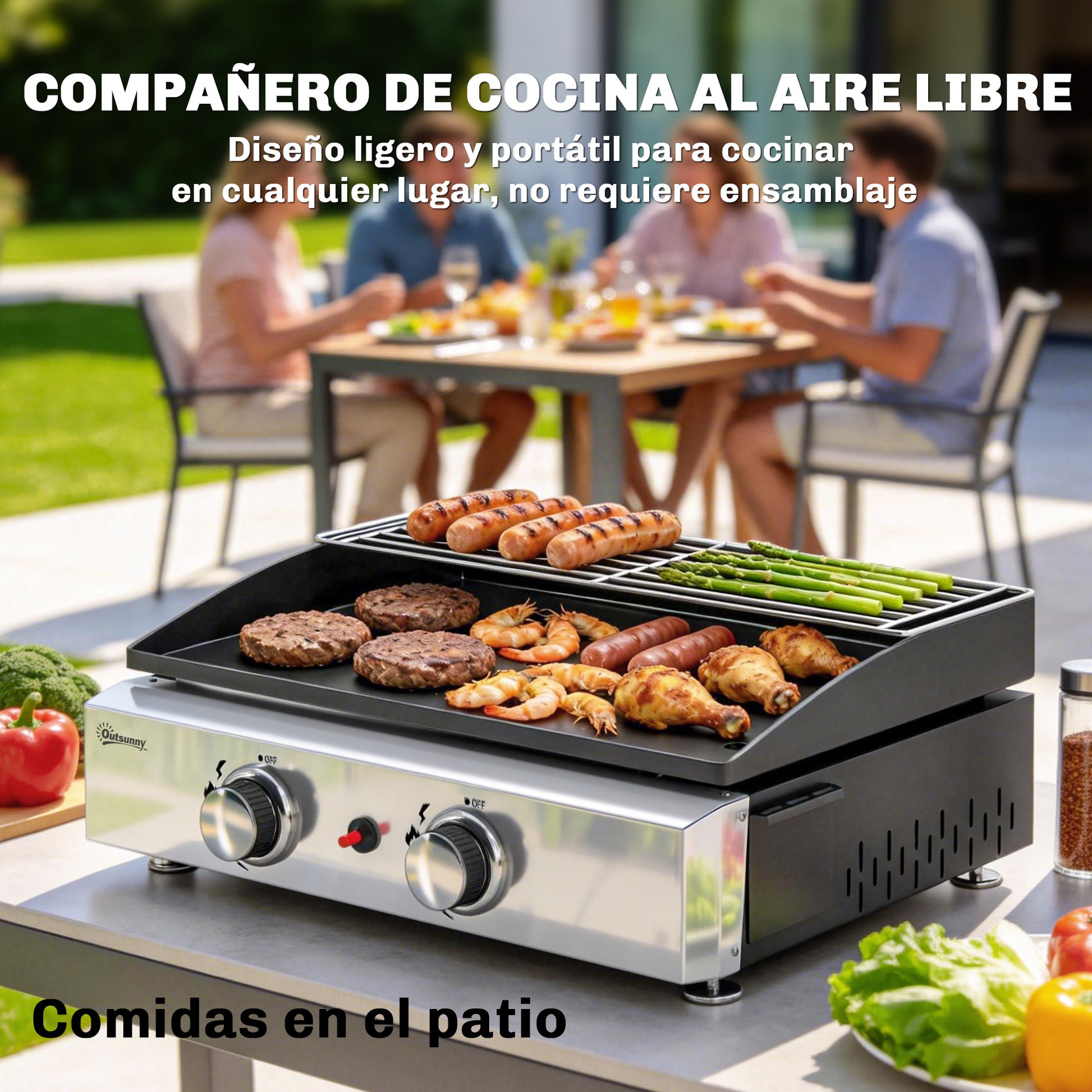 Outsunny Barbacoa de Gas BBQ Gas con 2 Quemadores 5 kW, Barbacoa Portátil con Plancha, Rejilla Calentadora y Recogedor Grasa, para Camping, Picnic, Terraza, Negro