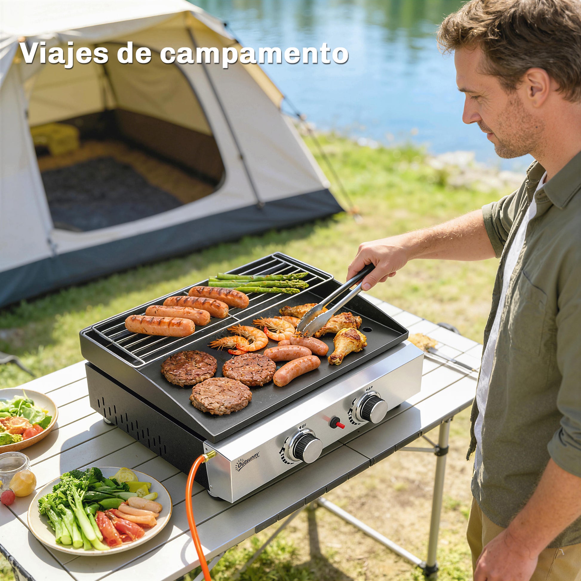 Outsunny Barbacoa de Gas BBQ Gas con 2 Quemadores 5 kW, Barbacoa Portátil con Plancha, Rejilla Calentadora y Recogedor Grasa, para Camping, Picnic, Terraza, Negro