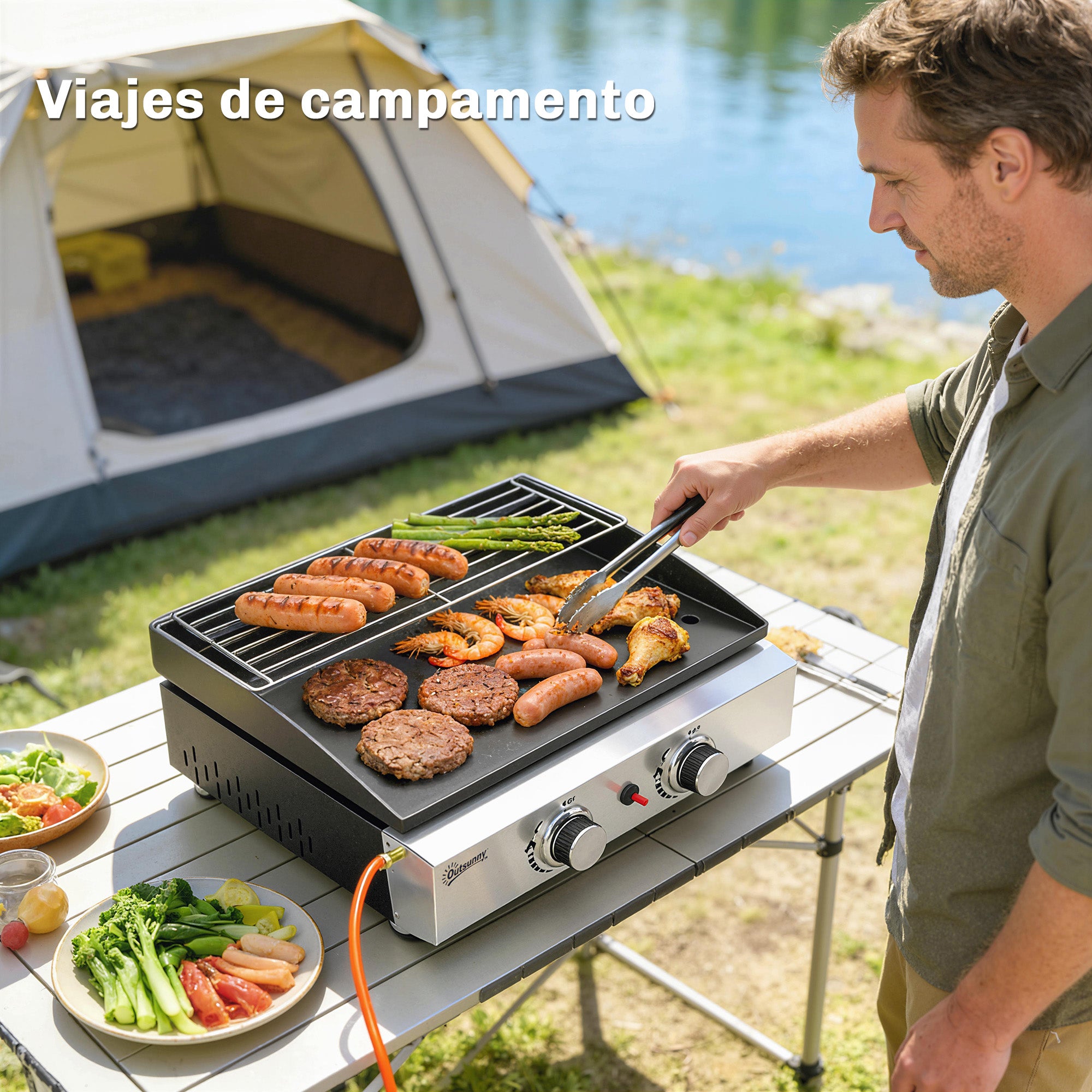 Outsunny Barbacoa de Gas BBQ Gas con 2 Quemadores 5 kW, Barbacoa Portátil con Plancha, Rejilla Calentadora y Recogedor Grasa, para Camping, Picnic, Terraza, Negro