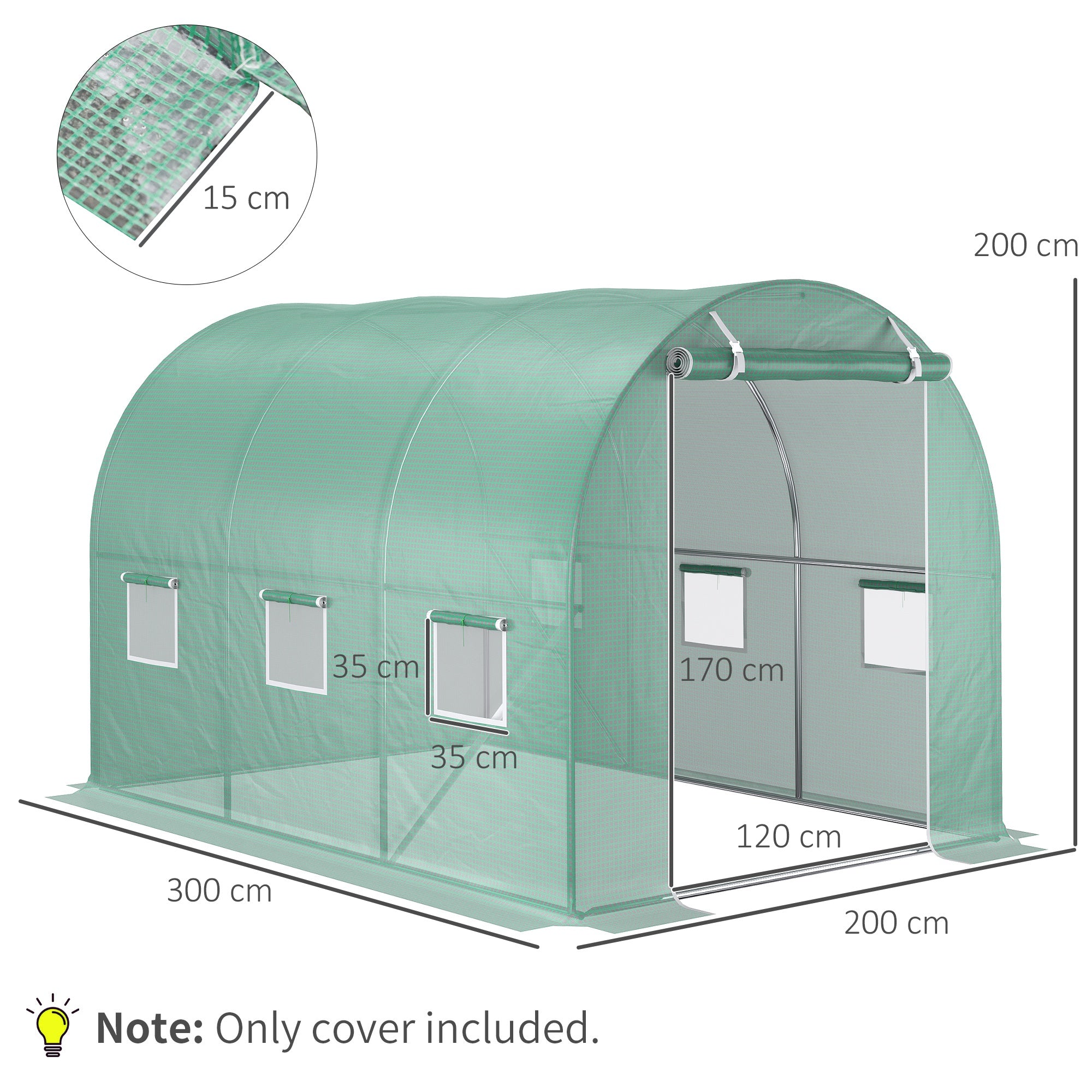 Outsunny Plásticos para Invernaderos 3x2x2 m Cubierta de Repuesto para Invernadero de Polietileno con 6 Ventanas y Puerta Enrollable Protección de Plantas para Jardín Verde