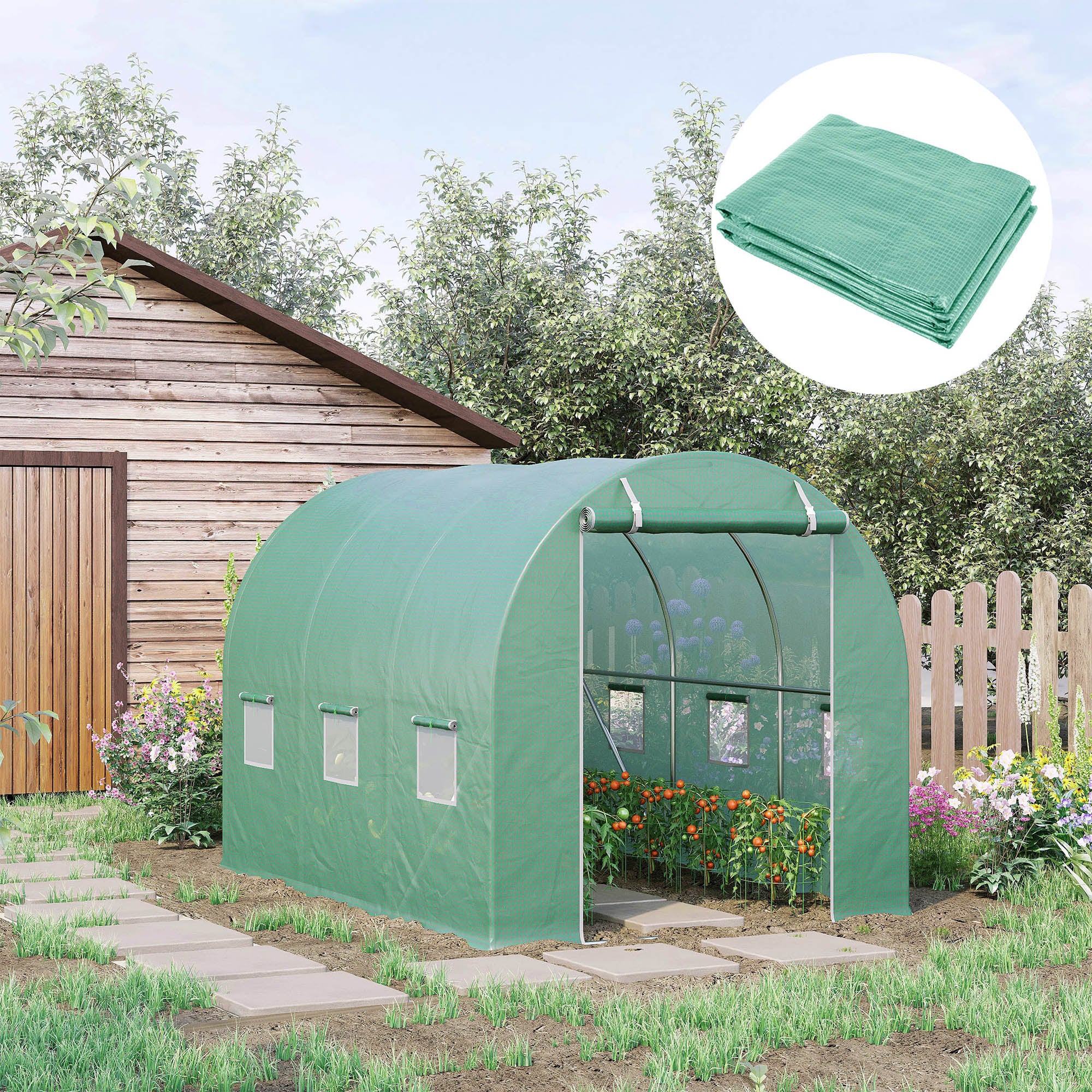 Outsunny Plásticos para Invernaderos 3x2x2 m Cubierta de Repuesto para Invernadero de Polietileno con 6 Ventanas y Puerta Enrollable Protección de Plantas para Jardín Verde