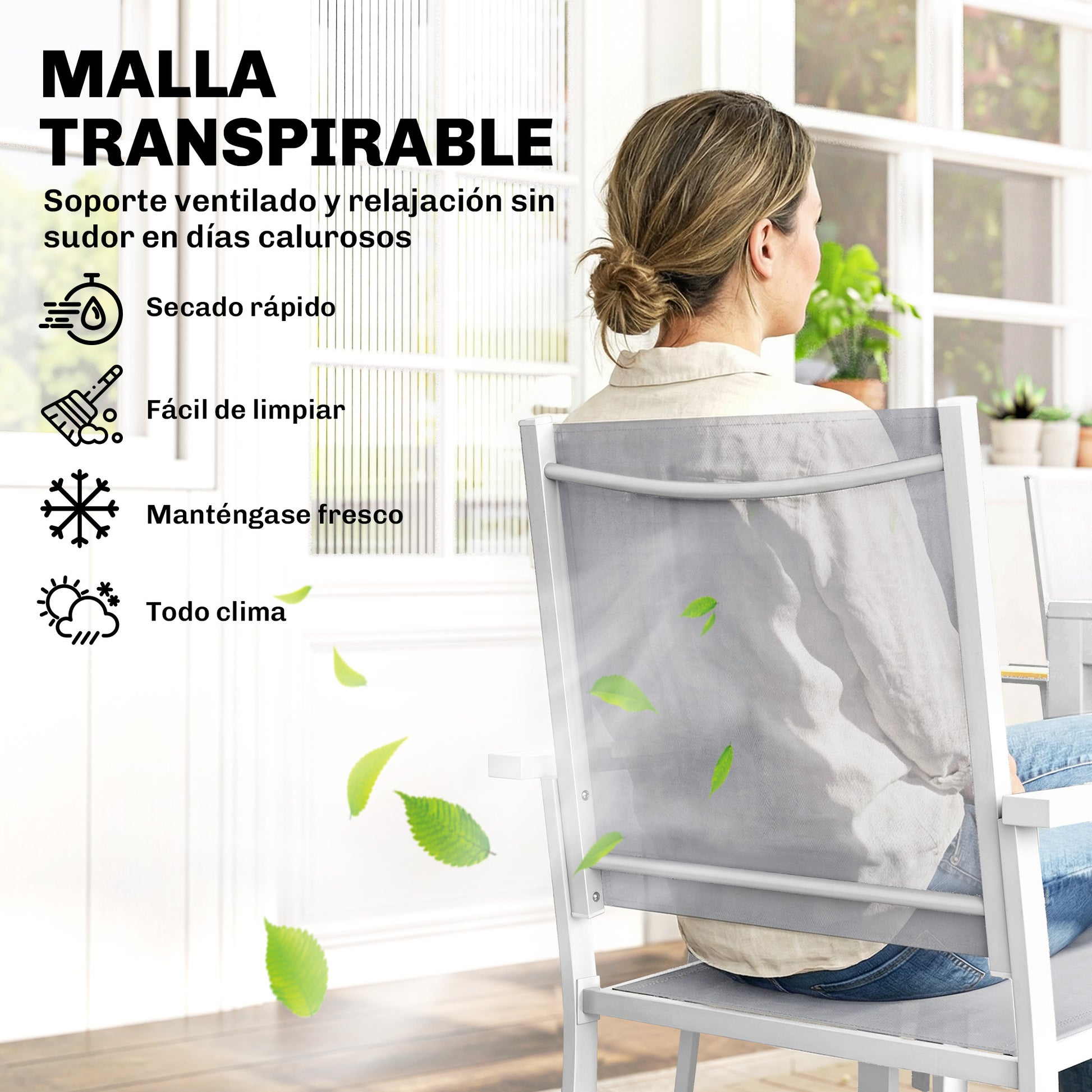 Outsunny Conjunto de Mesa y Sillas Jardín de 7 Piezas, Muebles Jardín Exterior con Mesa de Plástico PSPC, 6 Sillas Apilables Transpirables, Marco de Acero Resistente a la Intemperie, Blanco