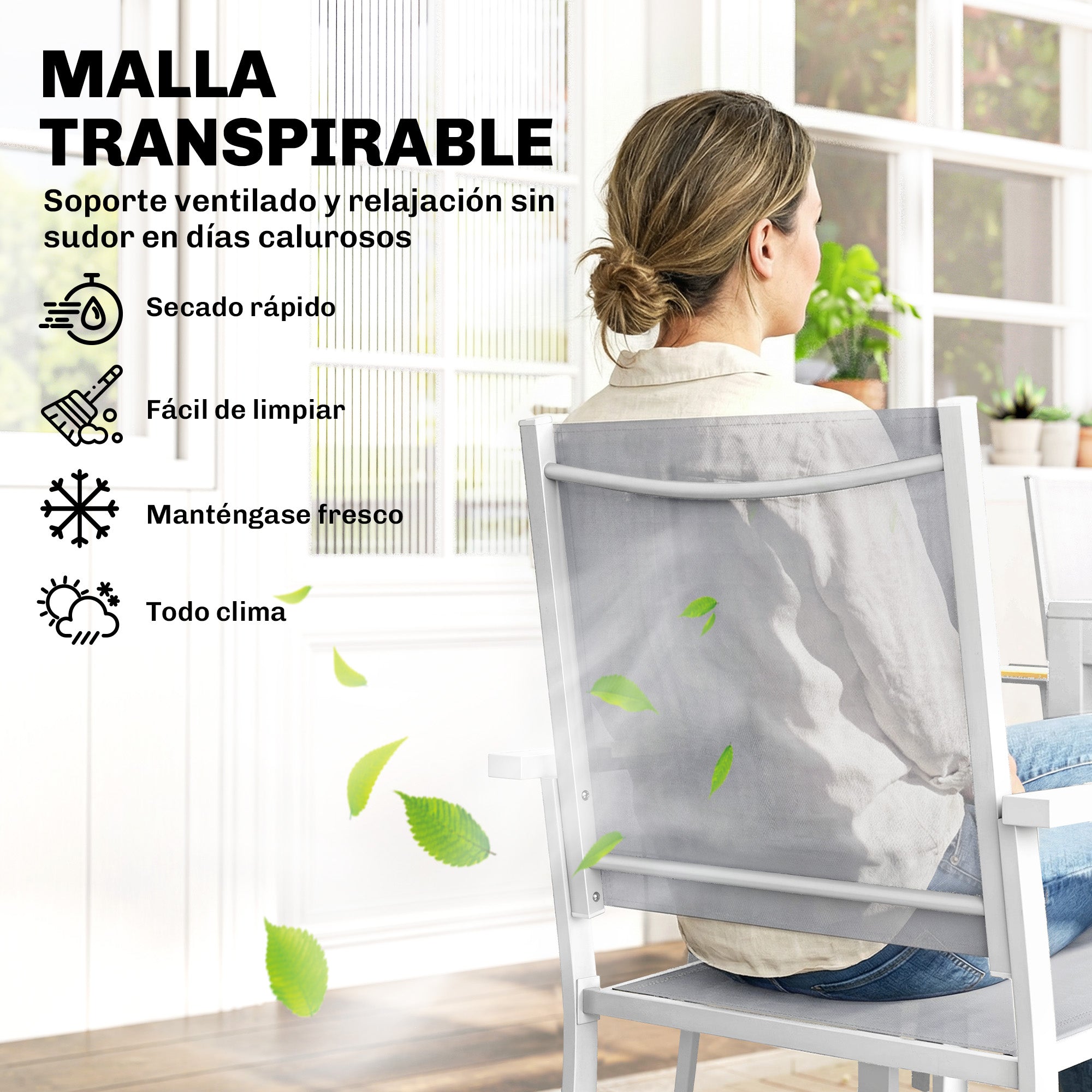 Outsunny Conjunto de Mesa y Sillas Jardín de 7 Piezas, Muebles Jardín Exterior con Mesa de Plástico PSPC, 6 Sillas Apilables Transpirables, Marco de Acero Resistente a la Intemperie, Blanco