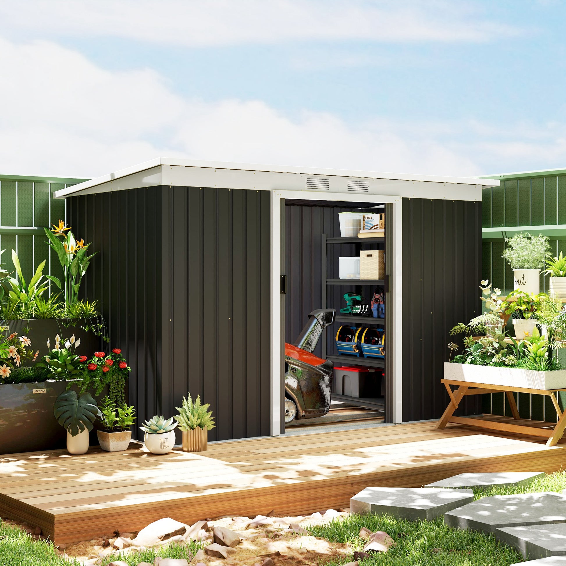Outsunny Caseta de Jardín Exterior 3,2 m² 280x130x172 cm Cobertizo de Jardín Exterior con Puerta Corredera Techo Inclinado Base Refuerzo (Suelo NO Incluido) y 2 Ventanas Gris Oscuro