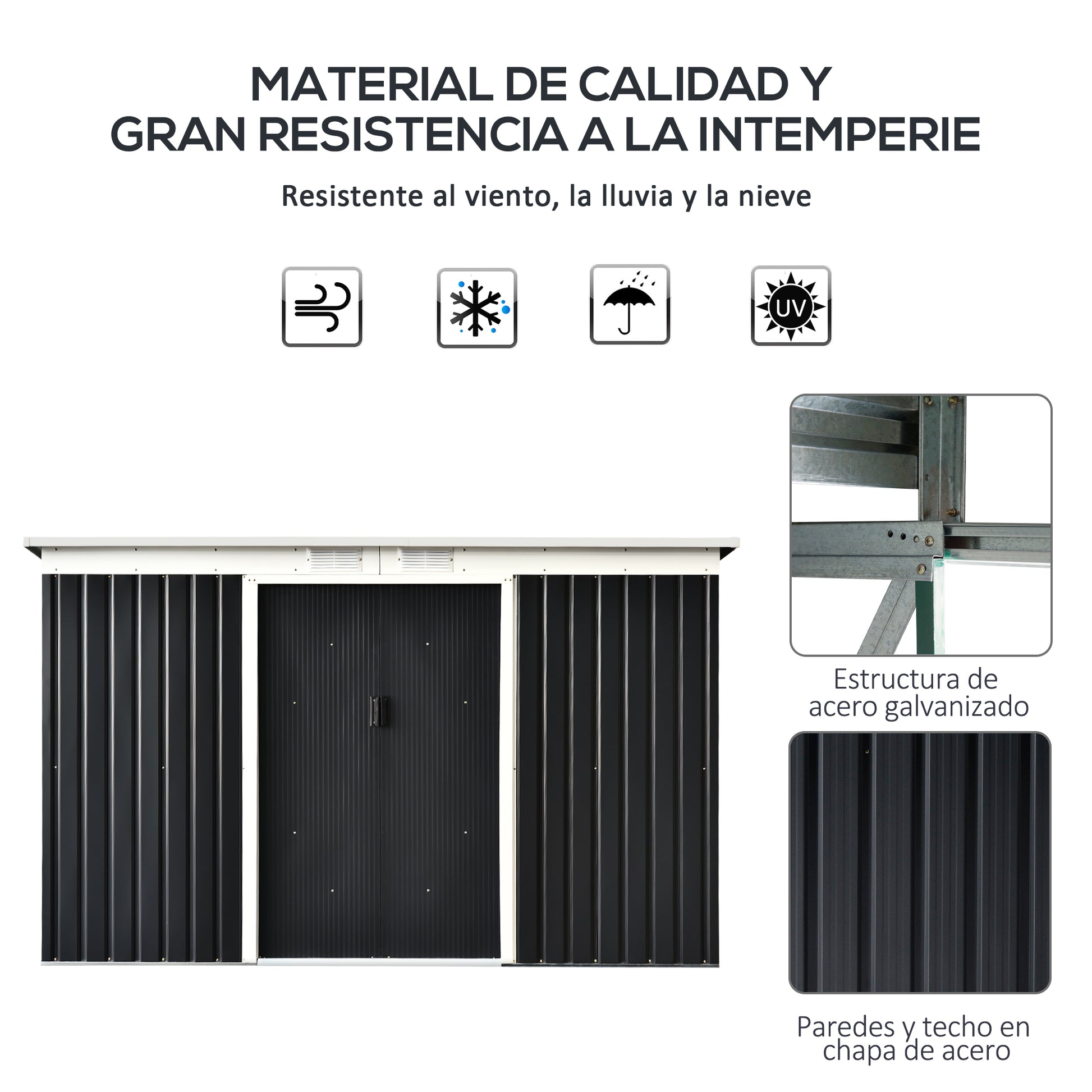 Outsunny Caseta de Jardín Exterior 3,2 m² 280x130x172 cm Cobertizo de Jardín Exterior con Puerta Corredera Techo Inclinado Base Refuerzo (Suelo NO Incluido) y 2 Ventanas Gris Oscuro