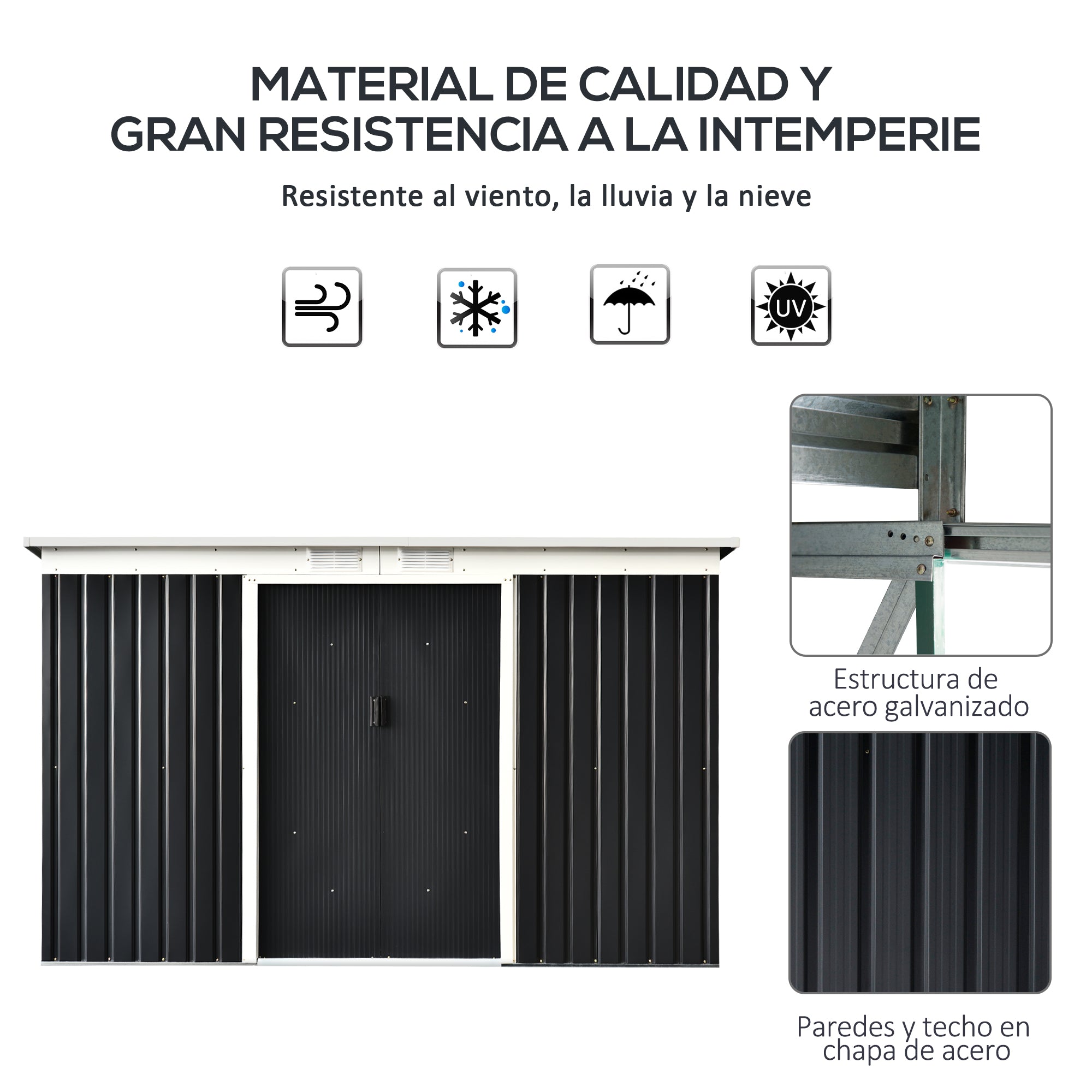 Outsunny Caseta de Jardín Exterior 3,2 m² 280x130x172 cm Cobertizo de Jardín Exterior con Puerta Corredera Techo Inclinado Base Refuerzo (Suelo NO Incluido) y 2 Ventanas Gris Oscuro