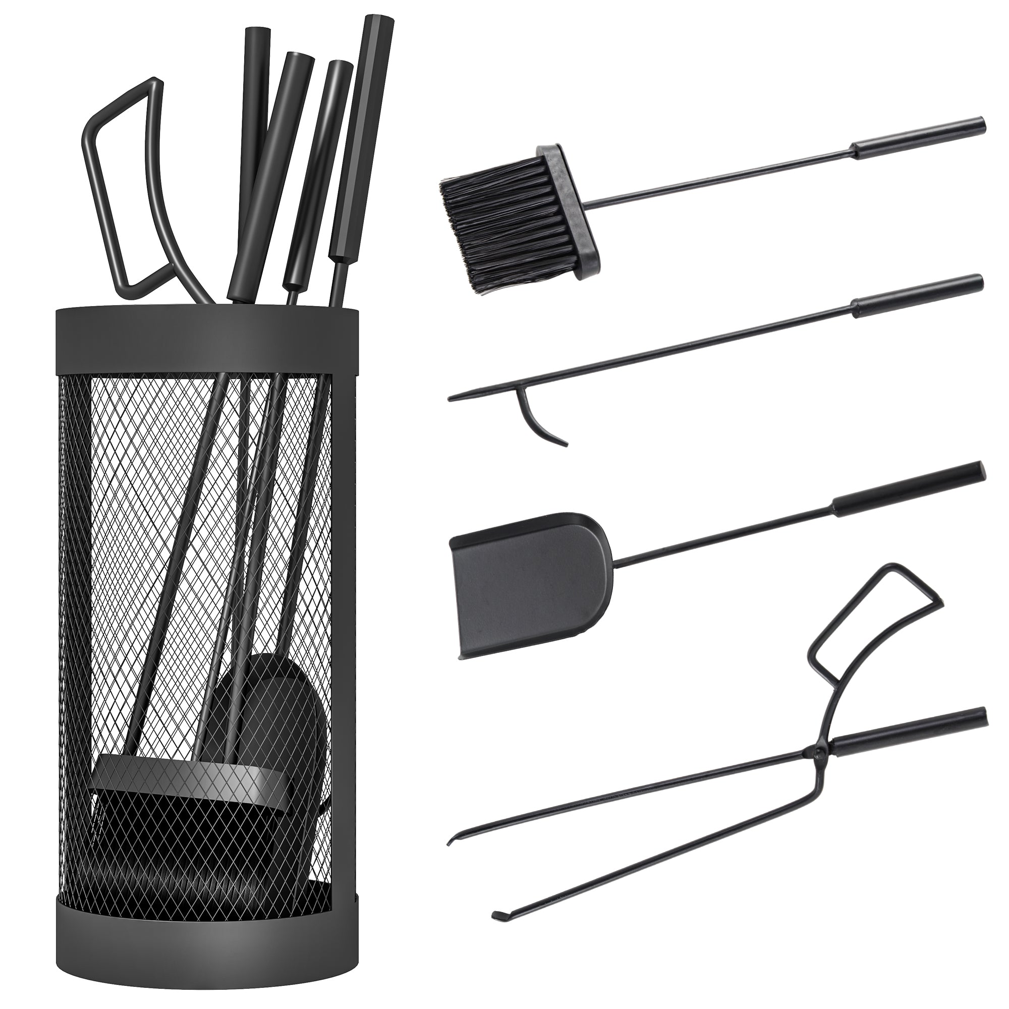 Outsunny Juego Utensilios Chimenea de 5 Piezas, Juego de Accesorios para Chimenea de Metal con Escoba, Pala, Tenazas, Atizador y Soporte, Ø16x33,5 cm, Negro
