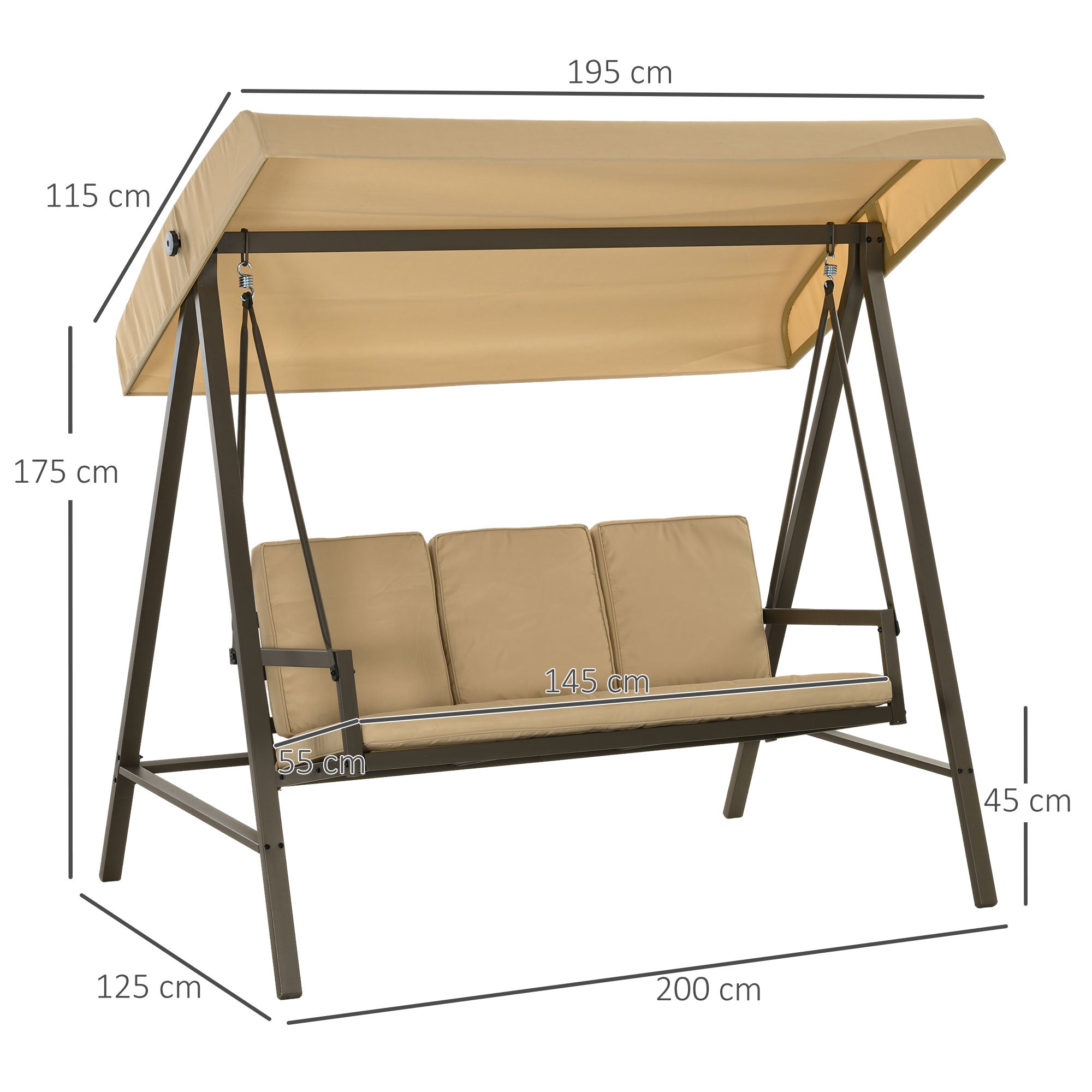 Outsunny Columpio de Jardín de 3 Plazas Balancín Exterior Jardín con Toldo Ajustable Cojines Extraíbles y Estructura de Acero 200x125x175 cm Beige