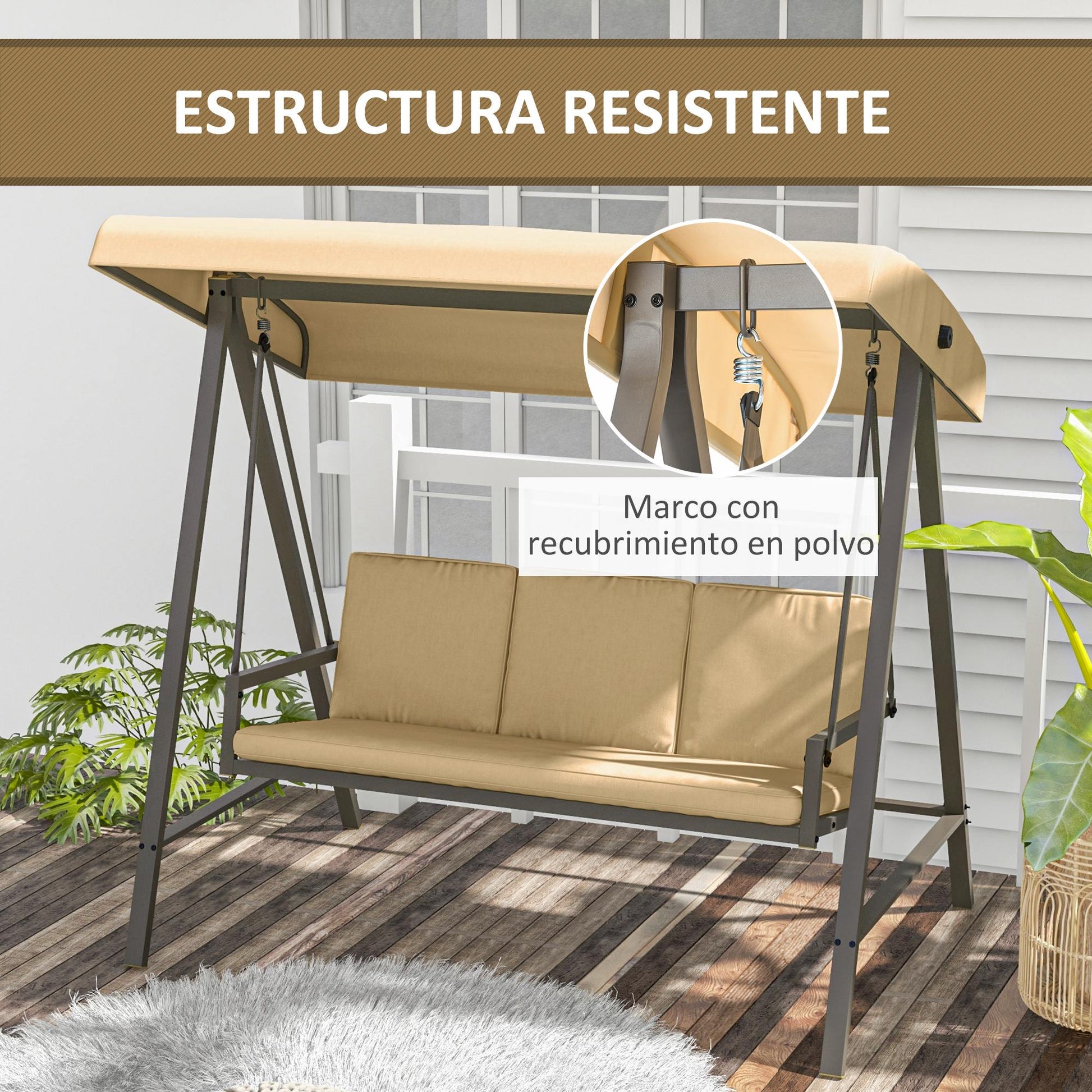 Outsunny Columpio de Jardín de 3 Plazas Balancín Exterior Jardín con Toldo Ajustable Cojines Extraíbles y Estructura de Acero 200x125x175 cm Beige