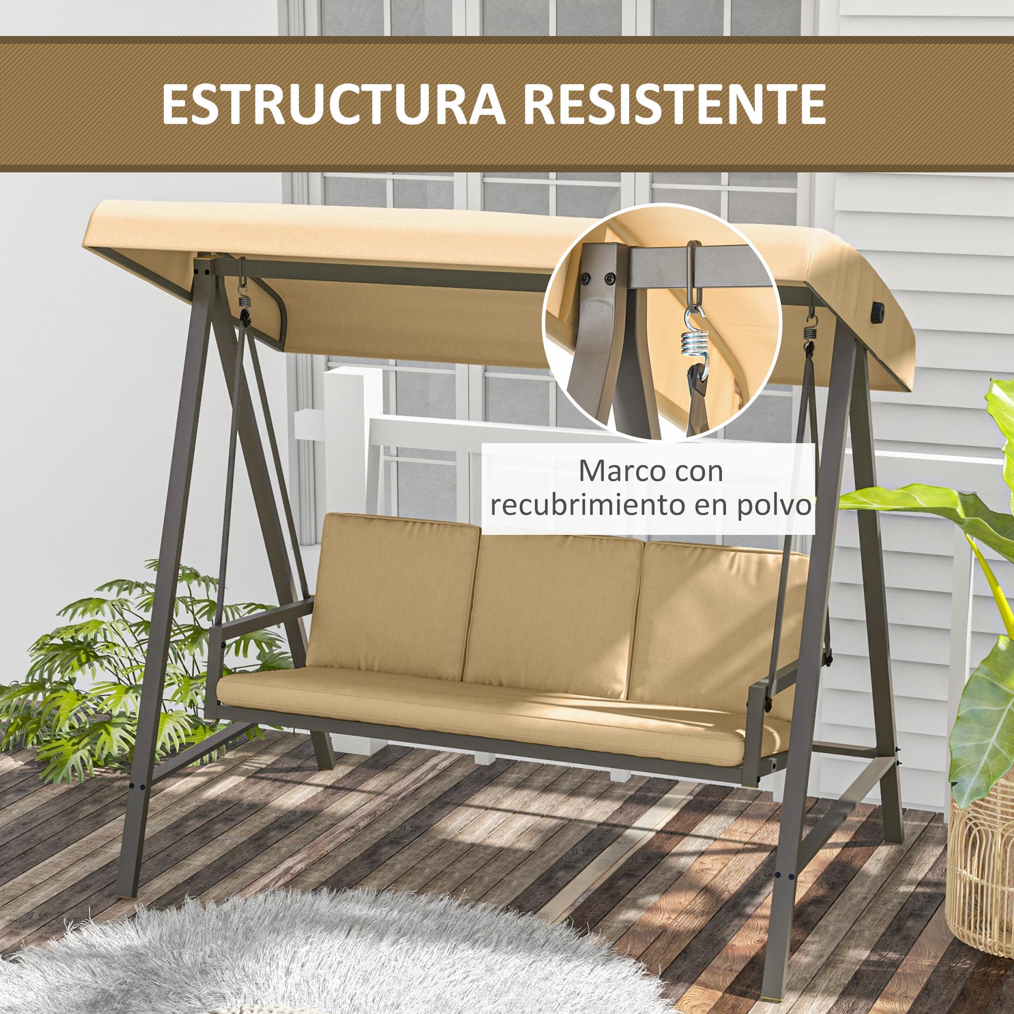 Outsunny Columpio de Jardín de 3 Plazas Balancín Exterior Jardín con Toldo Ajustable Cojines Extraíbles y Estructura de Acero 200x125x175 cm Beige