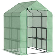 Outsunny Invernadero de Jardín Tipo Caseta Vivero Casero de Acero con 2 Niveles 4 Estantes y Puerta Enrollable para Cultivos Plantas Macetas Flores 143x138x190 cm Verde