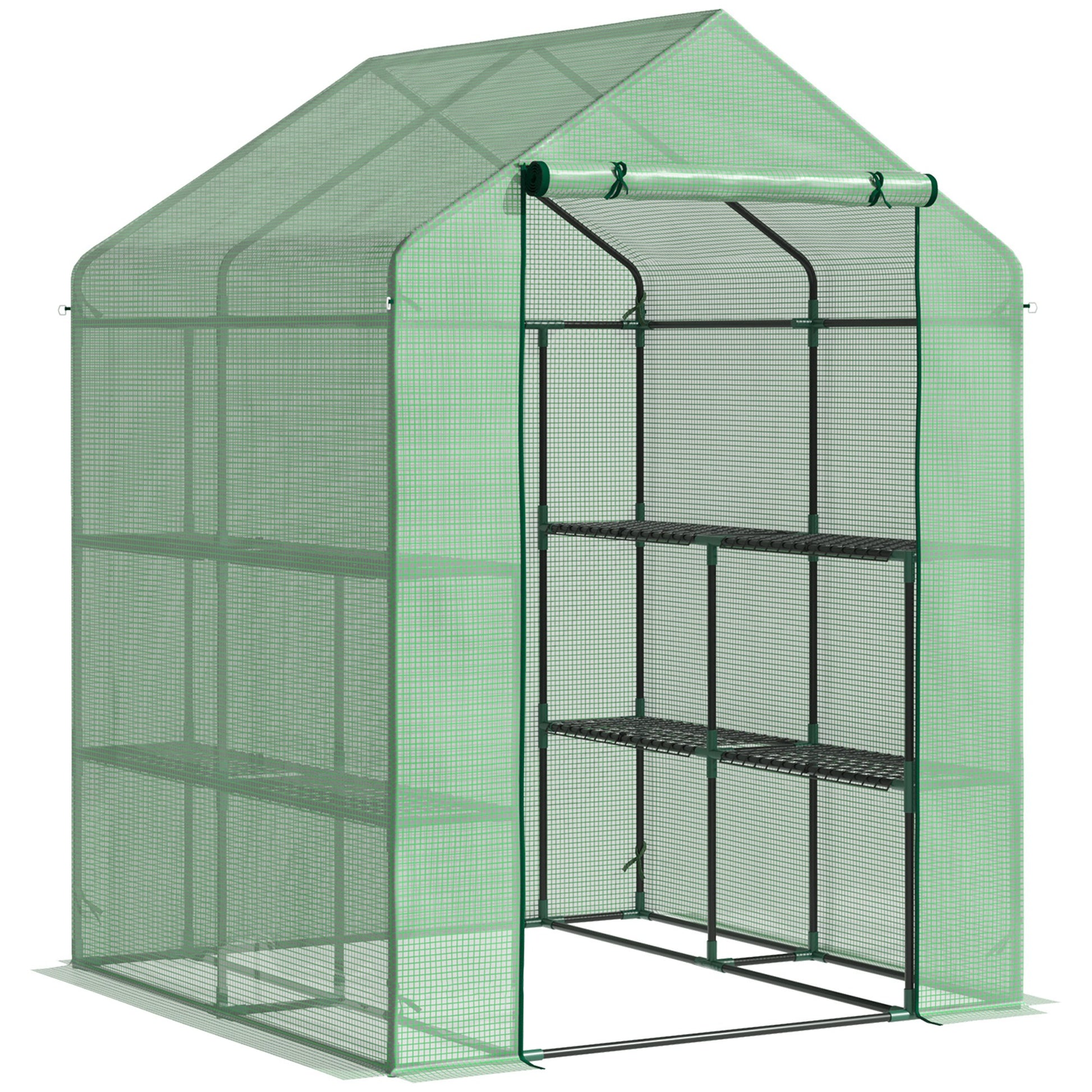 Outsunny Invernadero de Jardín Tipo Caseta Vivero Casero de Acero con 2 Niveles 4 Estantes y Puerta Enrollable para Cultivos Plantas Macetas Flores 143x138x190 cm Verde