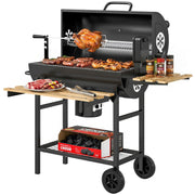 Outsunny Barbacoa de Carbón Portátil, Barbacoa Carbón Barril Móvil con Asador Eléctrico, Estantes Plegables, Rejilla de Calentamiento, Termómetro, Ventilaciones Ajustables, Recoge Cenizas, Ruedas, Asa