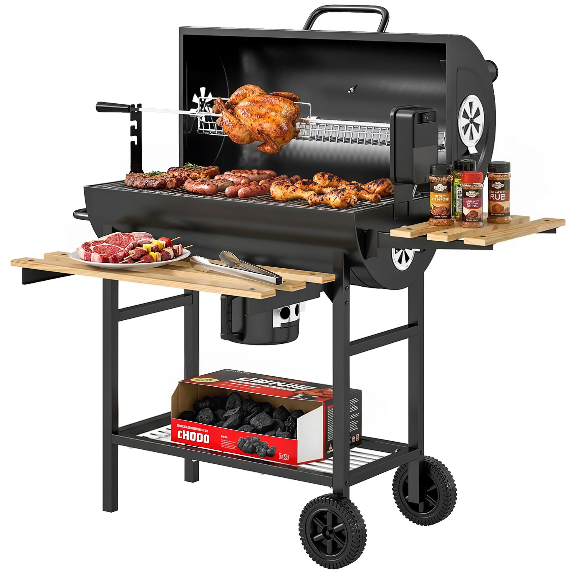 Outsunny Barbacoa de Carbón Portátil, Barbacoa Carbón Barril Móvil con Asador Eléctrico, Estantes Plegables, Rejilla de Calentamiento, Termómetro, Ventilaciones Ajustables, Recoge Cenizas, Ruedas, Asa