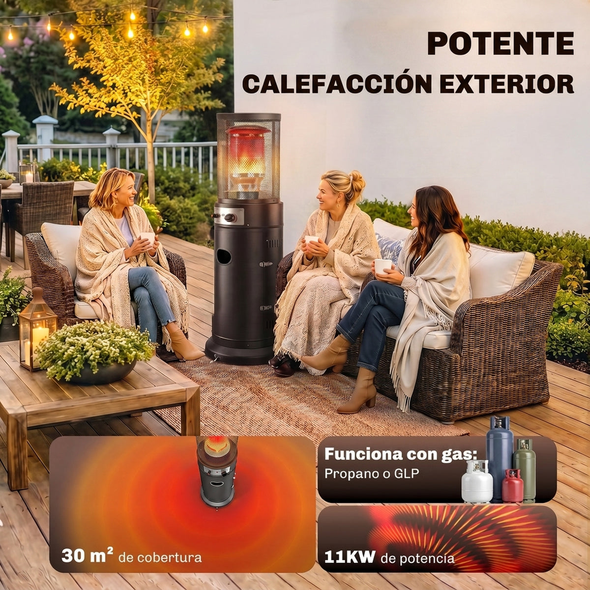 Outsunny Estufa de Gas Exterior, 11 kW, Calefactor de Gas para Terraza Portátil con Regulación Continua, Encendido por Impulsos, Rejilla Protectora, Antivuelco y Ruedas para Propano y GLP 30 m², Negro