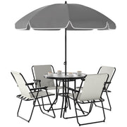 Outsunny Conjunto de Mesa y Sillas Jardín de 6 Piezas Muebles de Jardín Exterior con 4 Sillas Plegables Mesa de Vidrio y Sombrilla para Terraza Patio Crema