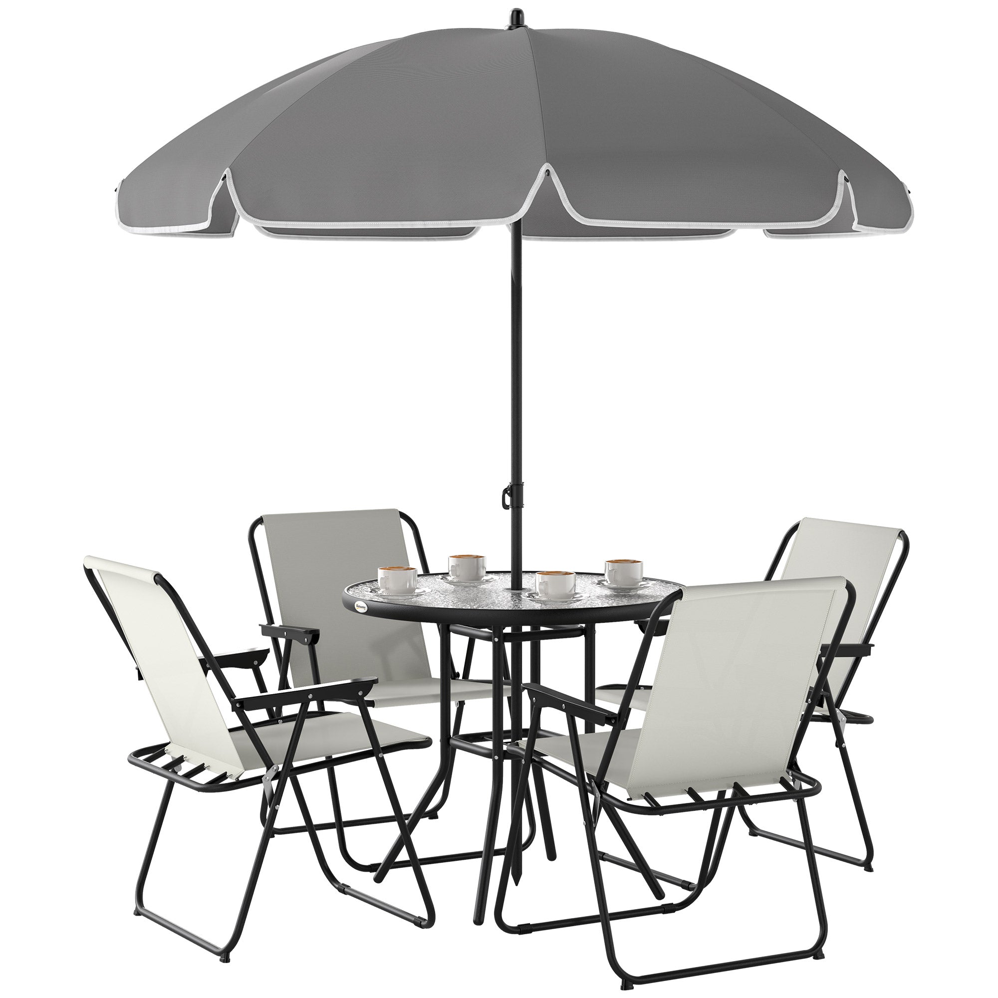 Outsunny Conjunto de Mesa y Sillas Jardín de 6 Piezas Muebles de Jardín Exterior con 4 Sillas Plegables Mesa de Vidrio y Sombrilla para Terraza Patio Crema