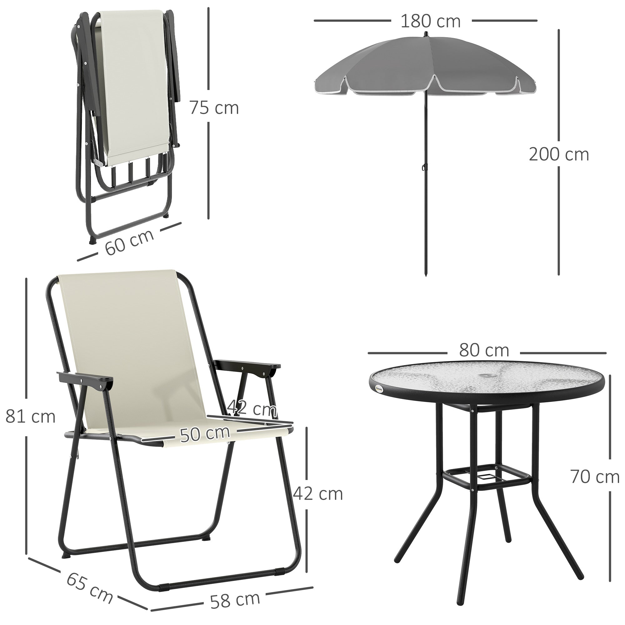 Outsunny Conjunto de Mesa y Sillas Jardín de 6 Piezas Muebles de Jardín Exterior con 4 Sillas Plegables Mesa de Vidrio y Sombrilla para Terraza Patio Crema