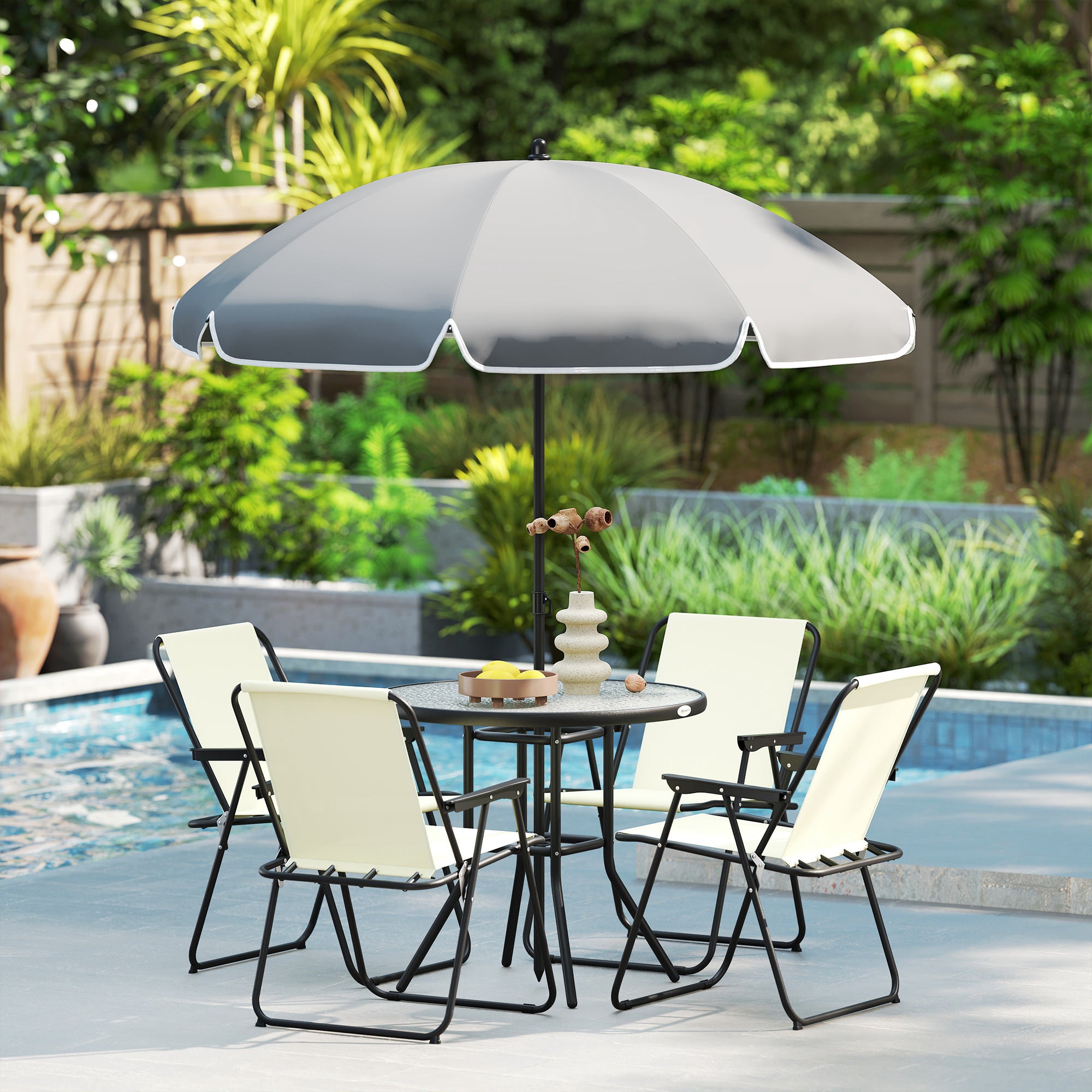 Outsunny Conjunto de Mesa y Sillas Jardín de 6 Piezas Muebles de Jardín Exterior con 4 Sillas Plegables Mesa de Vidrio y Sombrilla para Terraza Patio Crema