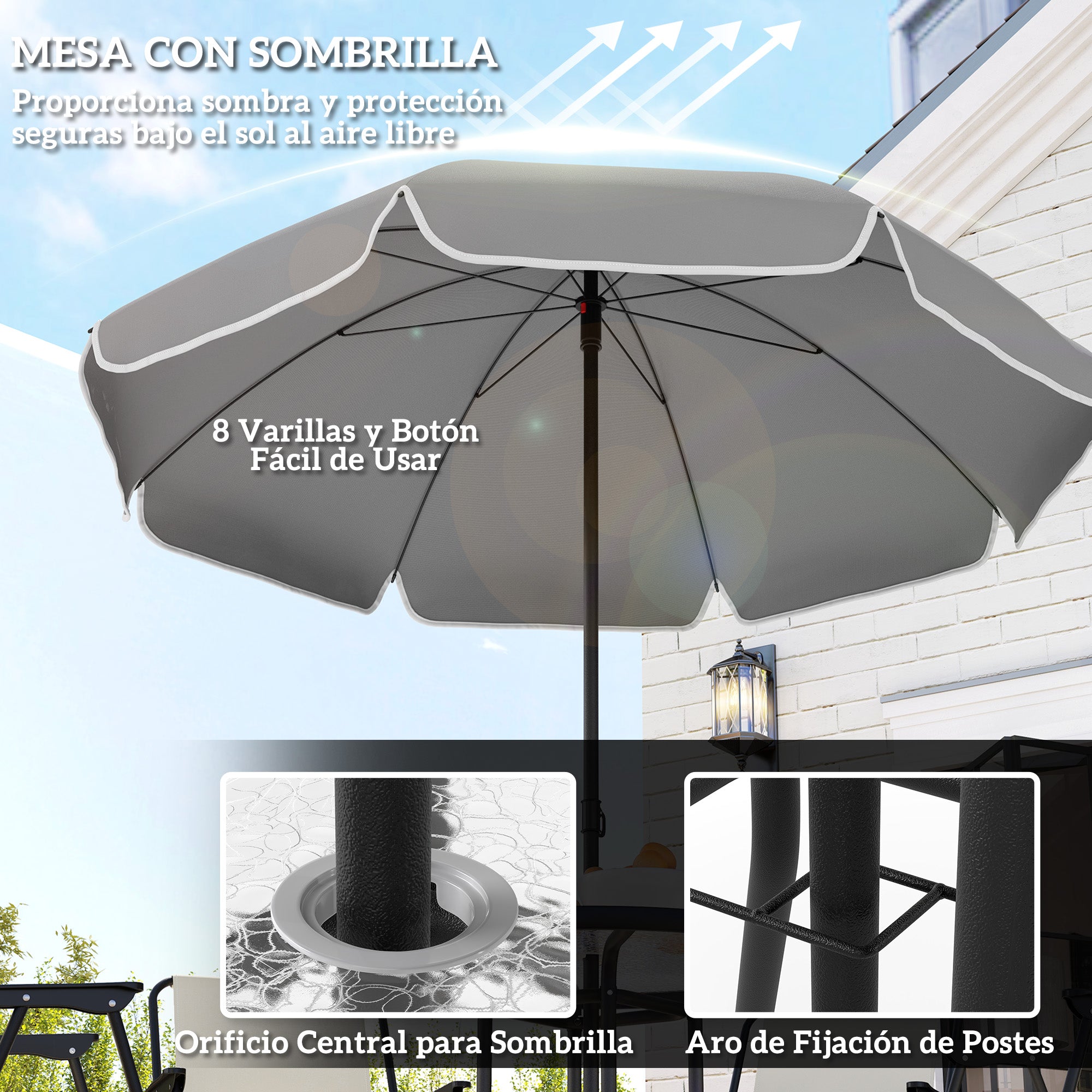 Outsunny Conjunto de Mesa y Sillas Jardín de 6 Piezas Muebles de Jardín Exterior con 4 Sillas Plegables Mesa de Vidrio y Sombrilla para Terraza Patio Crema