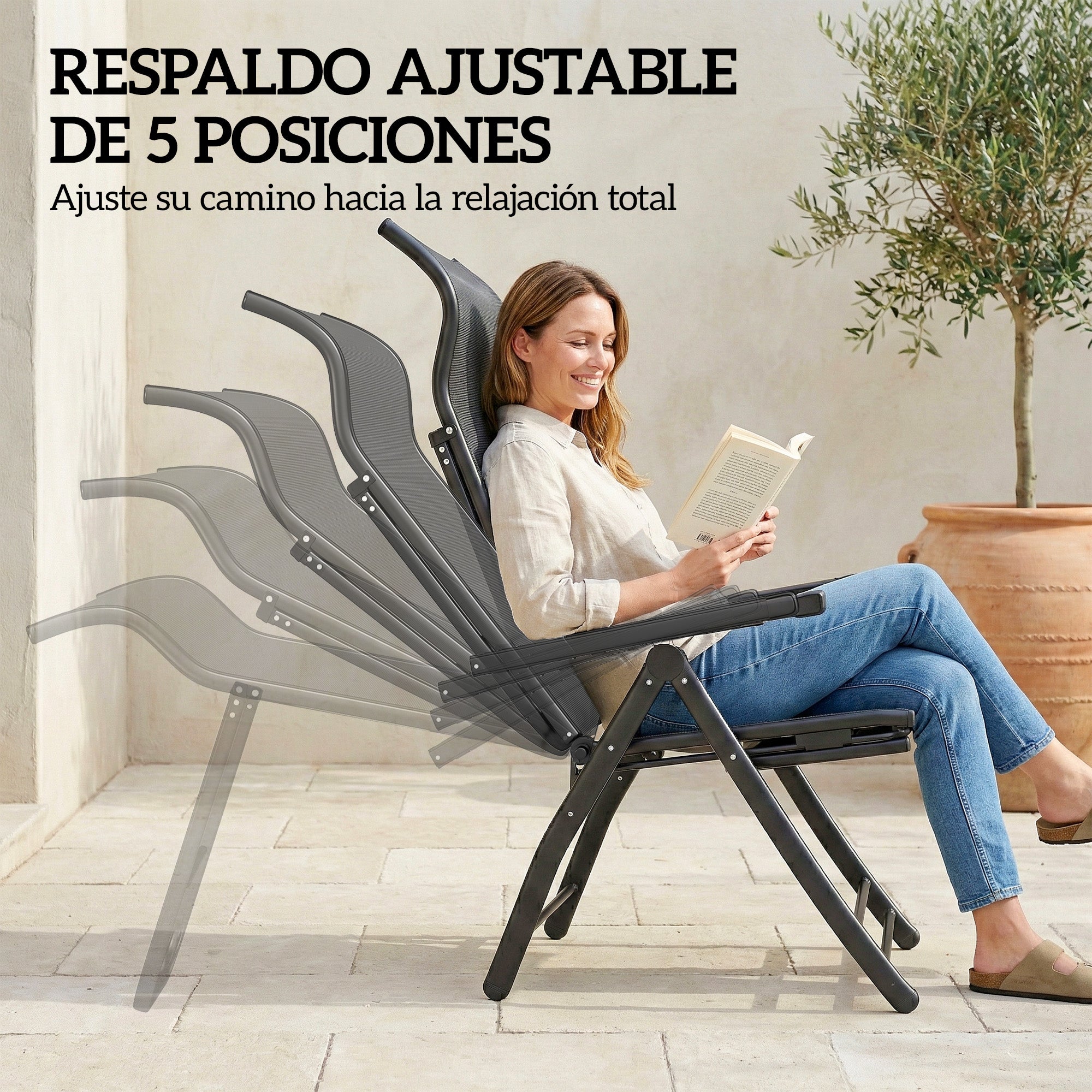 Outsunny Pack de 2 Sillas Plegables Reclinables, Sillas de Jardín Exterior con Respaldo Alto Curva Ajustable en 5 Posiciones, Reposapiés Retráctil y Marco de Metal, para Patio, Playa, Gris Oscuro