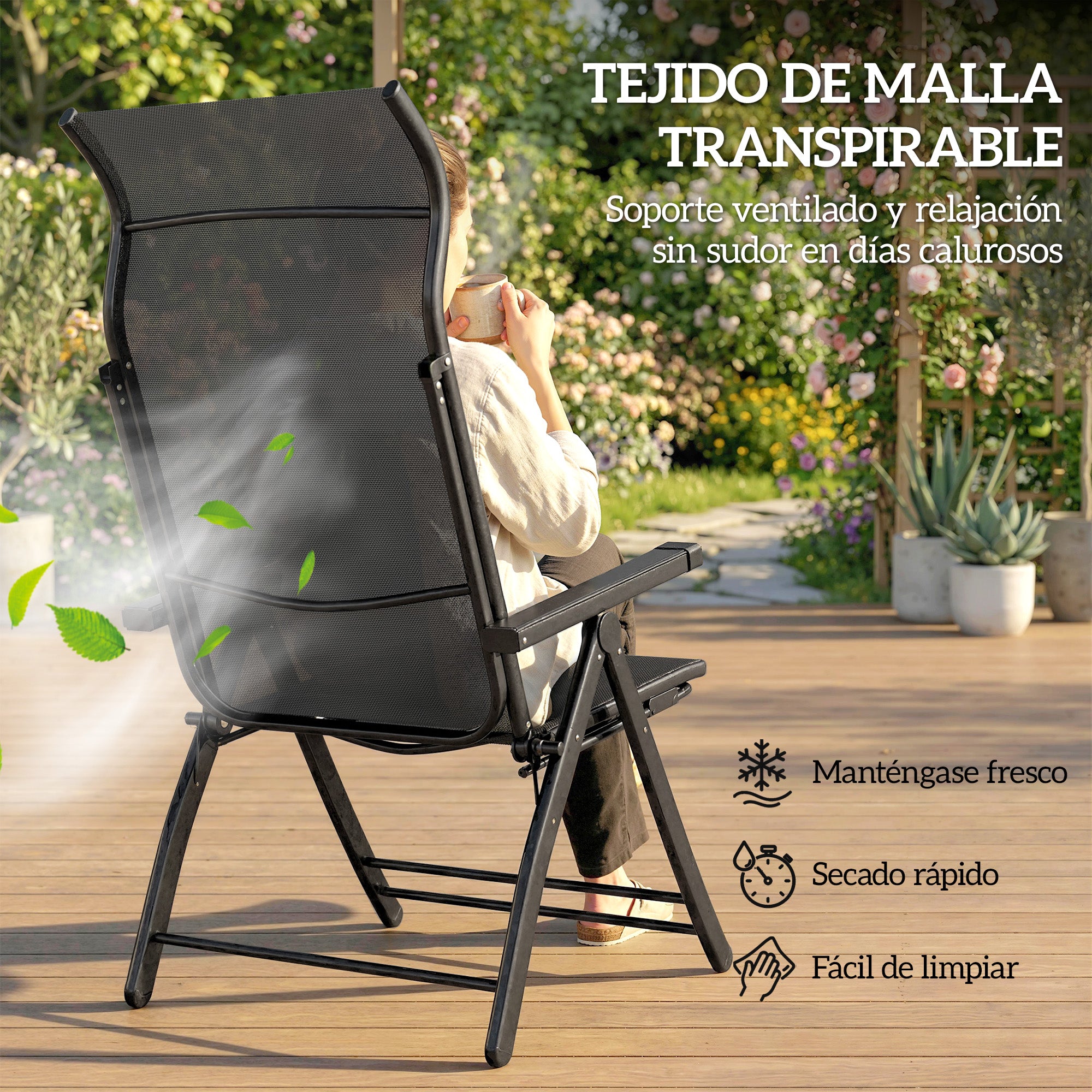 Outsunny Pack de 2 Sillas Plegables Reclinables, Sillas de Jardín Exterior con Respaldo Alto Curva Ajustable en 5 Posiciones, Reposapiés Retráctil y Marco de Metal, para Patio, Playa, Gris Oscuro