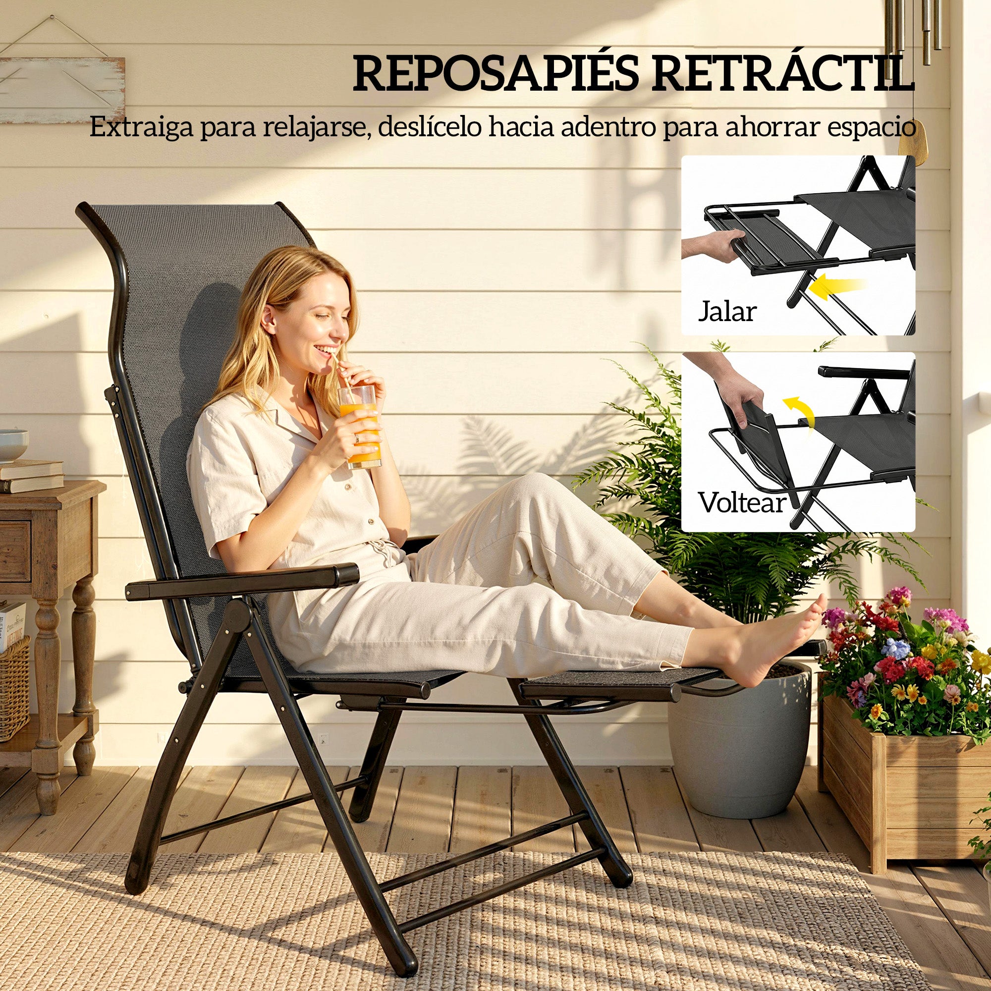Outsunny Pack de 2 Sillas Plegables Reclinables, Sillas de Jardín Exterior con Respaldo Alto Curva Ajustable en 5 Posiciones, Reposapiés Retráctil y Marco de Metal, para Patio, Playa, Gris Oscuro