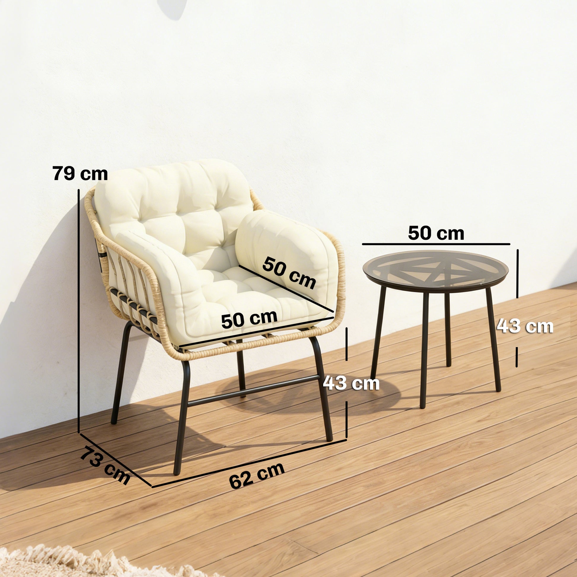Outsunny Conjunto de Jardín Exterior de 3 Piezas, Muebles Jardín Exterior de Ratán PE, 2 Sillas con Cojines Suaves y Mesa de Vidrio Templado, Resistente a la Intemperie, para Balcón, Patio, Caqui