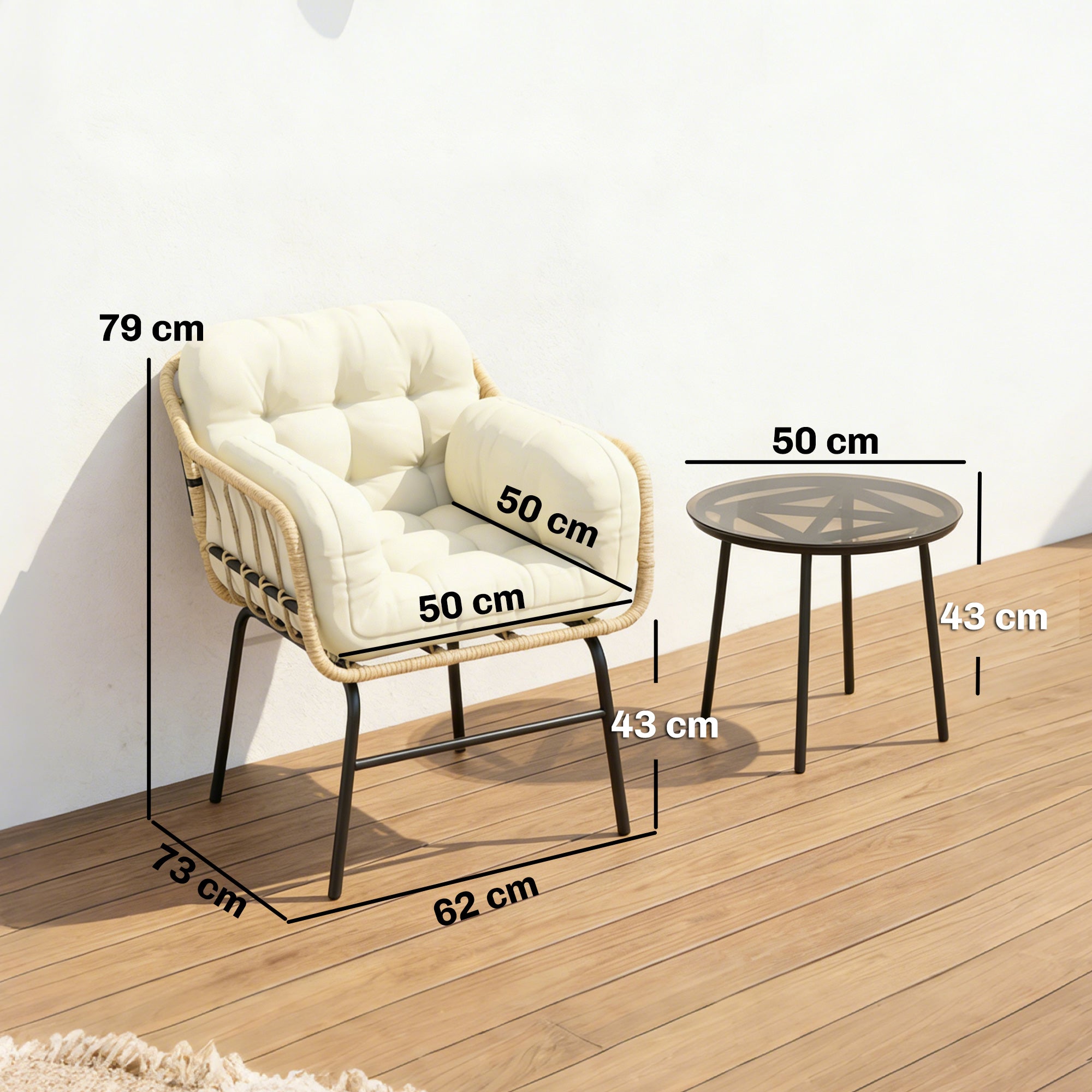 Outsunny Conjunto de Jardín Exterior de 3 Piezas, Muebles Jardín Exterior de Ratán PE, 2 Sillas con Cojines Suaves y Mesa de Vidrio Templado, Resistente a la Intemperie, para Balcón, Patio, Caqui
