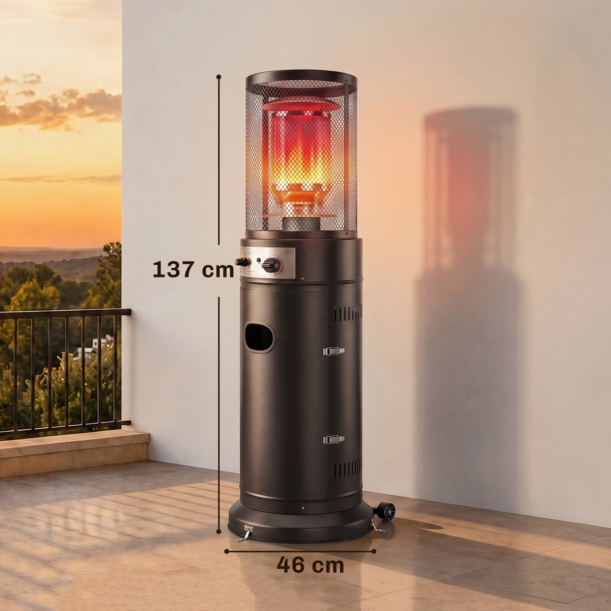Outsunny Estufa de Gas Exterior, 11 kW, Calefactor de Gas para Terraza Portátil con Regulación Continua, Encendido por Impulsos, Rejilla Protectora, Antivuelco y Ruedas para Propano y GLP 30 m², Negro