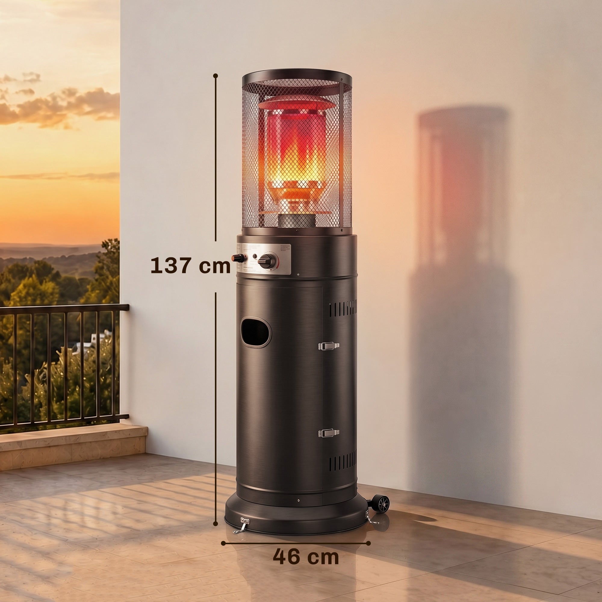 Outsunny Estufa de Gas Exterior, 11 kW, Calefactor de Gas para Terraza Portátil con Regulación Continua, Encendido por Impulsos, Rejilla Protectora, Antivuelco y Ruedas para Propano y GLP 30 m², Negro