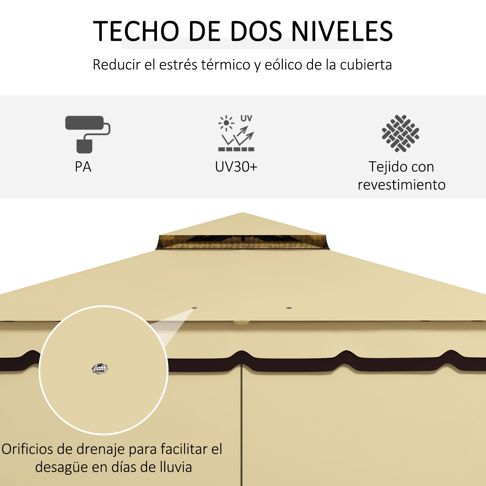Outsunny Cenador de Jardín 3,7x3 m Gazebo de Exterior con 4 Paredes Laterales 4 Mosquiteras Doble Techo Impermeable y Anti-UV para Terraza Patio Playa Beige