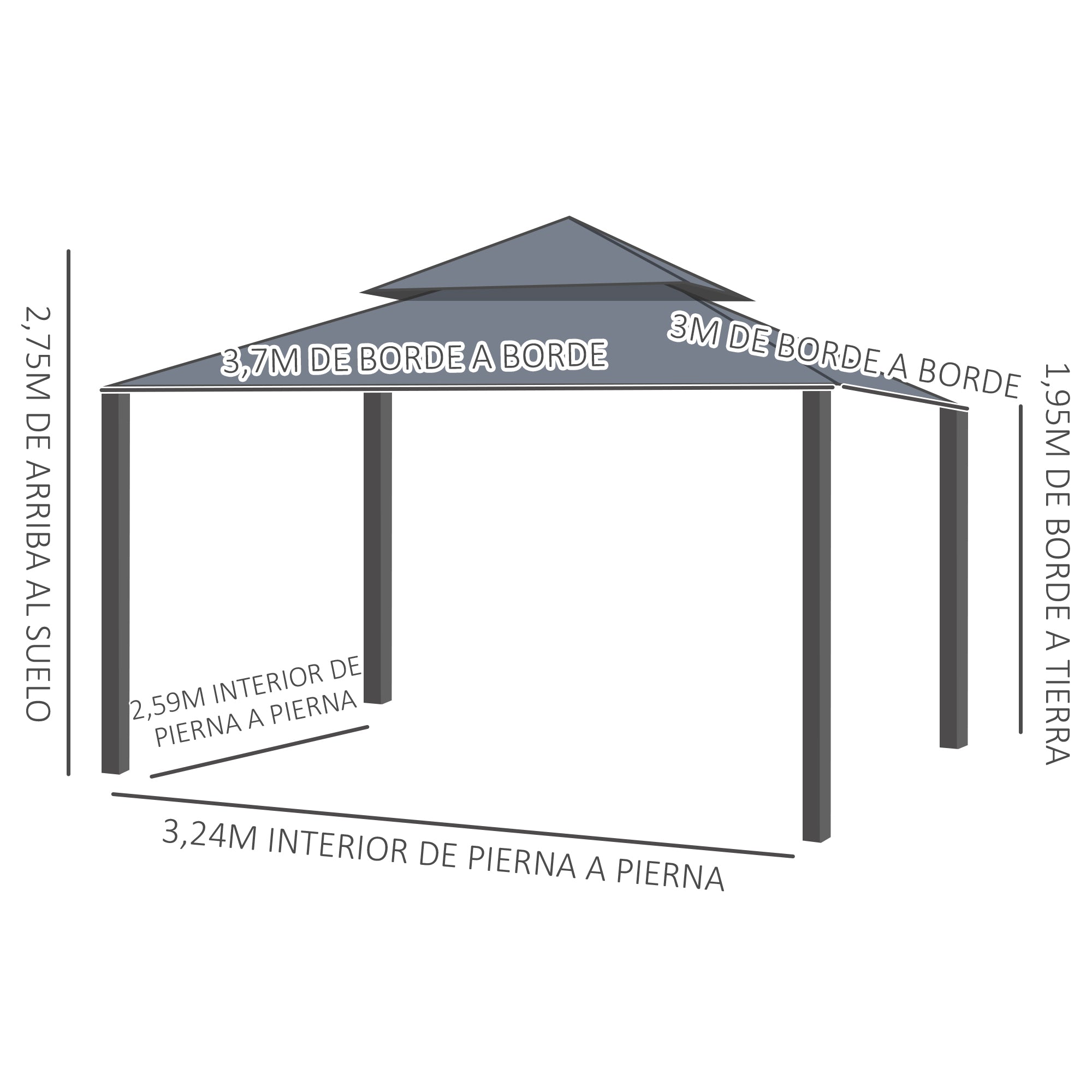Outsunny Cenador de Jardín 3,7x3 m Gazebo de Exterior con 4 Paredes Laterales 4 Mosquiteras Doble Techo Impermeable y Anti-UV para Terraza Patio Playa Beige