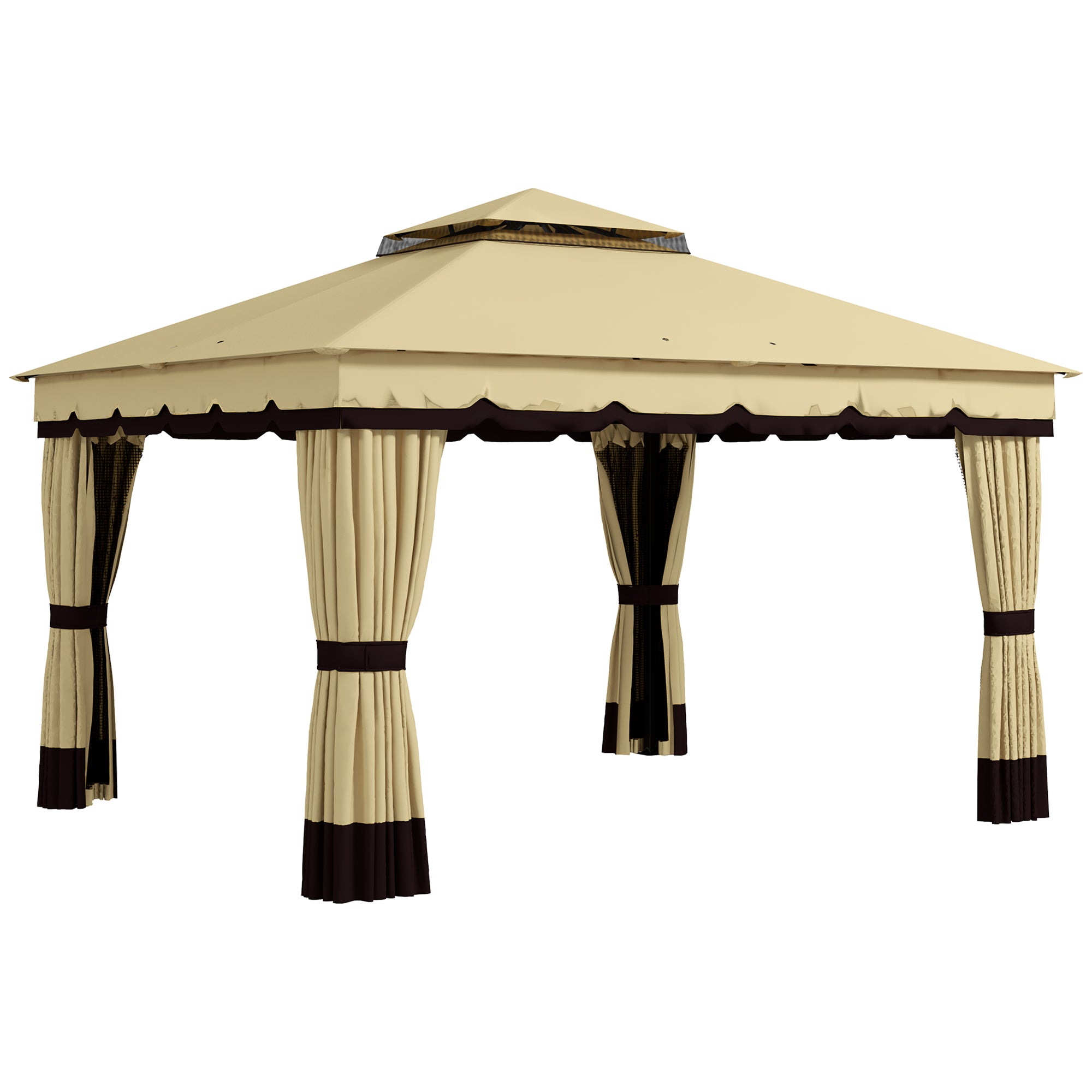 Outsunny Cenador de Jardín 3,7x3 m Gazebo de Exterior con 4 Paredes Laterales 4 Mosquiteras Doble Techo Impermeable y Anti-UV para Terraza Patio Playa Beige