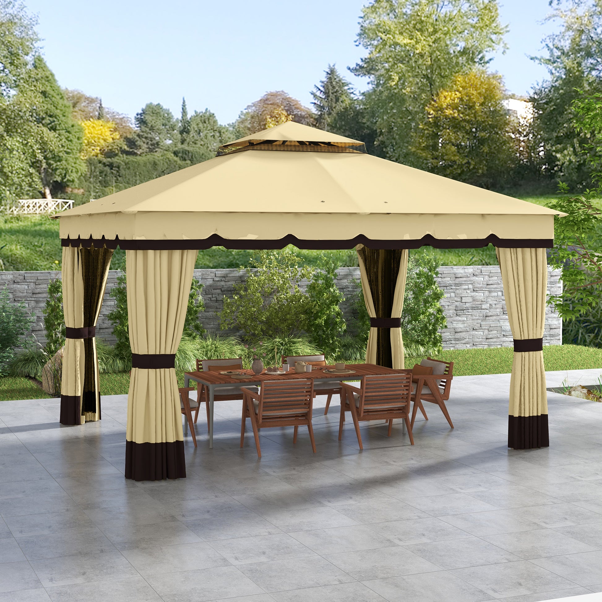 Outsunny Cenador de Jardín 3,7x3 m Gazebo de Exterior con 4 Paredes Laterales 4 Mosquiteras Doble Techo Impermeable y Anti-UV para Terraza Patio Playa Beige
