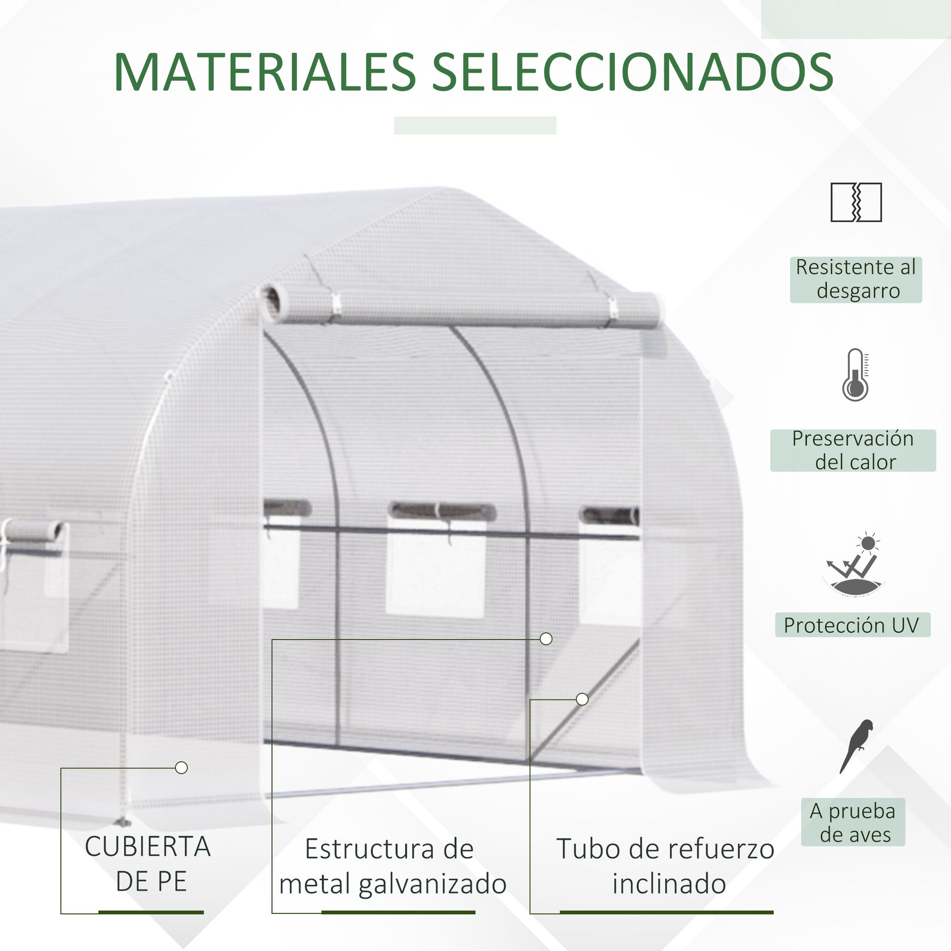 Outsunny Invernadero de Túnel 6x3x2 m Invernadero de Jardín con Puerta y 12 Ventanas Enrollables de Polietileno 140g/㎡ y Acero Galvanizado Huerto para Cultivos Plantas Flores Blanco