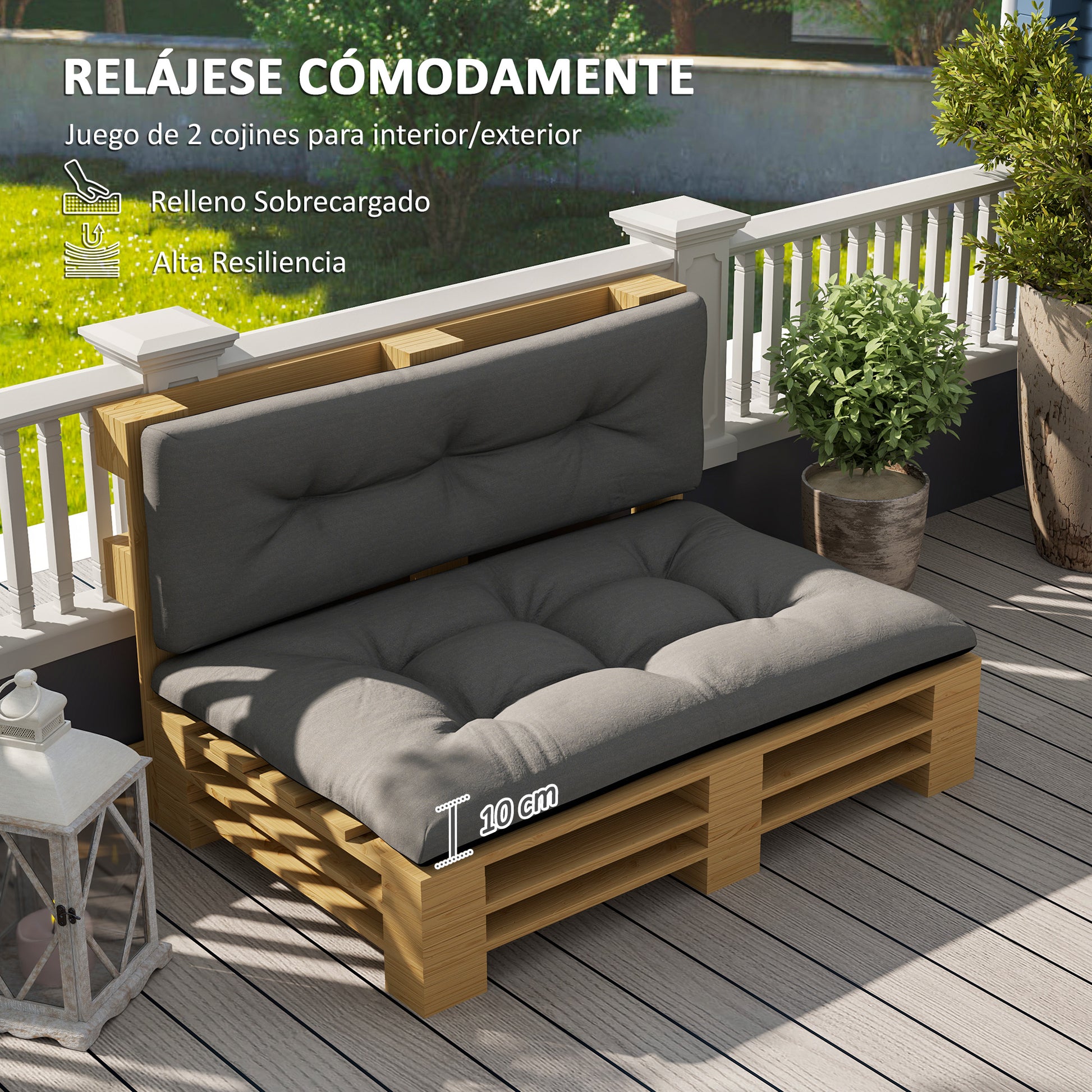 Outsunny Conjunto de 2 Cojines para Palets con Tela Resistente Impermeable Anti-UV Cojines Exterior para Jardín Terraza Interior Asiento 120x77 cm Respaldo 120x40 cm Gris Oscuro
