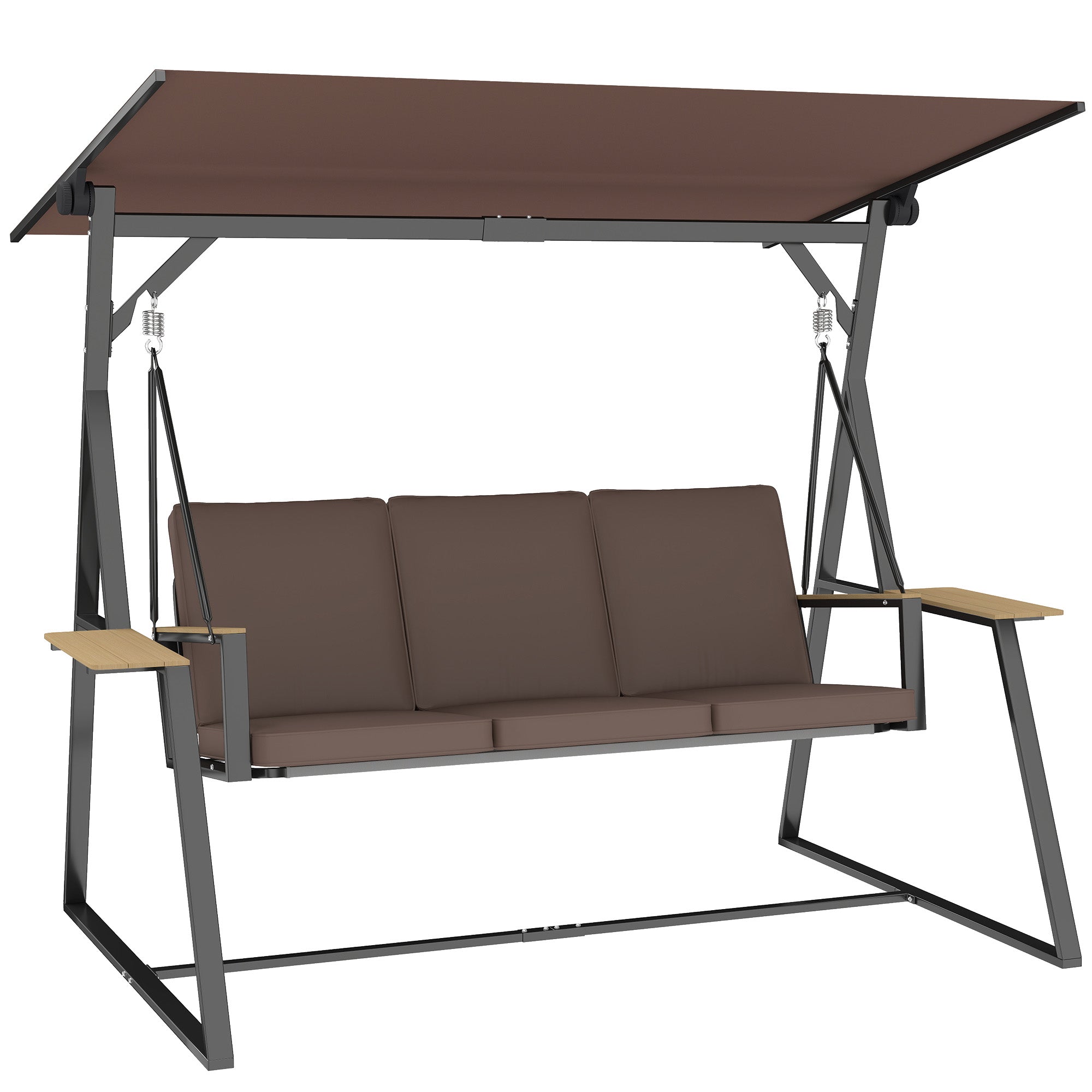 Outsunny Columpio de Jardín de 3 Plazas, Balancín de Jardín Exterior con Techo Ajustable UPF50+, 2 Bandejas, Cojines y Marco de Metal, para Balcón, Terraza, Patio, Carga 360 kg, 222x131x175 cm, Marrón