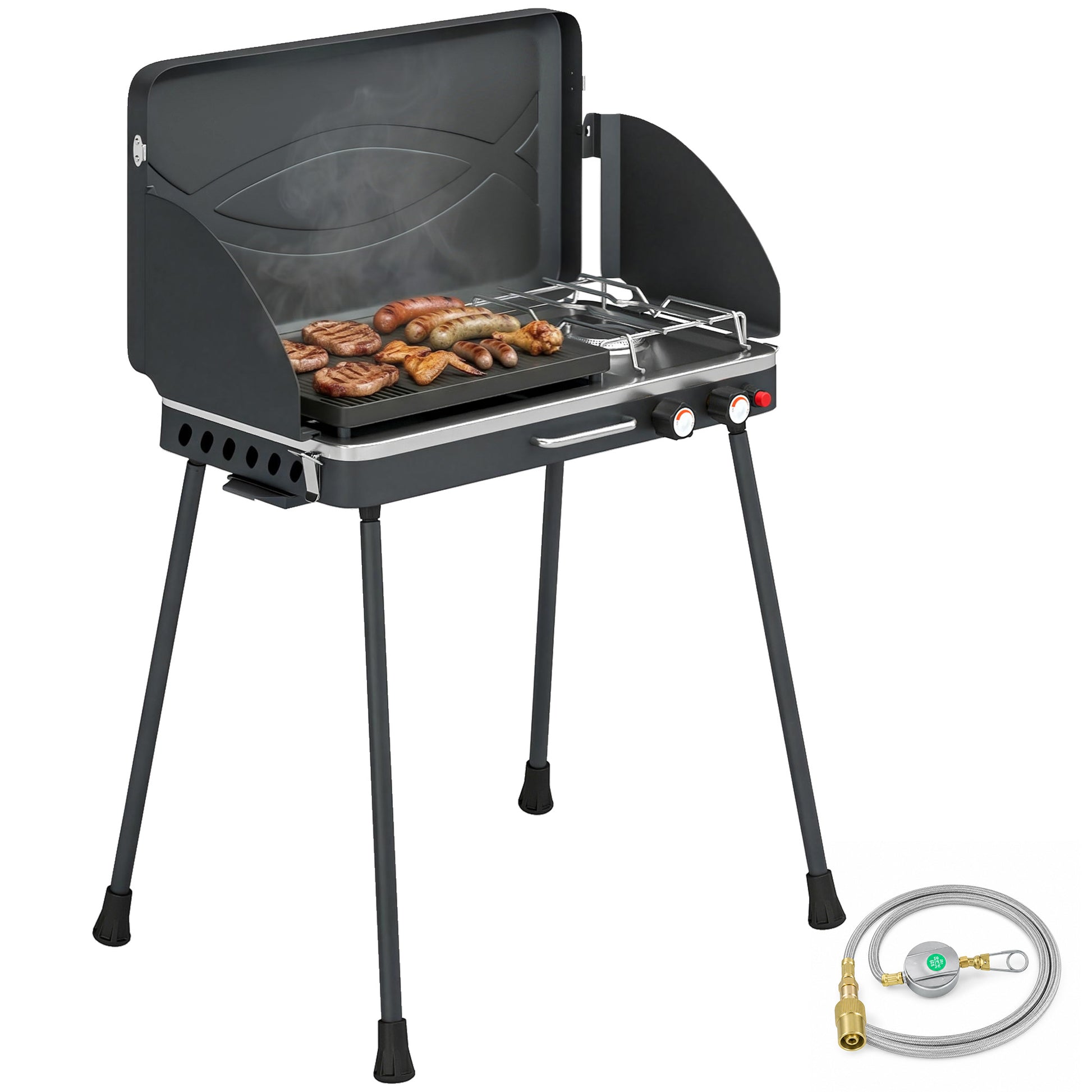 Outsunny Barbacoa de Gas Portátil 2 en 1, Barbacoa de Gas Propano 7 kW de Mesa o de Pie con Plancha Grande, Patas Desmontables, Protectores de Viento, para Picnic, Camping, Negro