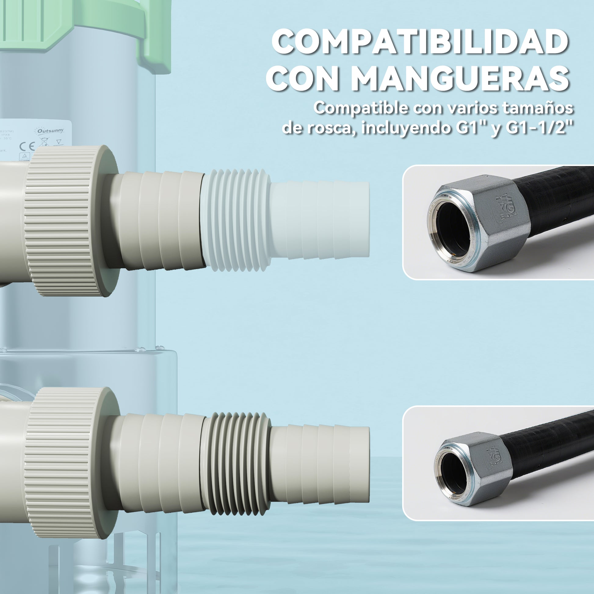 Outsunny Bomba de Aguas Sucias 1100W Bomba Sumergible de Aguas Residuales con Capacidad de 18000 l/h Interruptor de Flotador y Conector Universal para Drenaje de Piscinas Estanques Bañeras